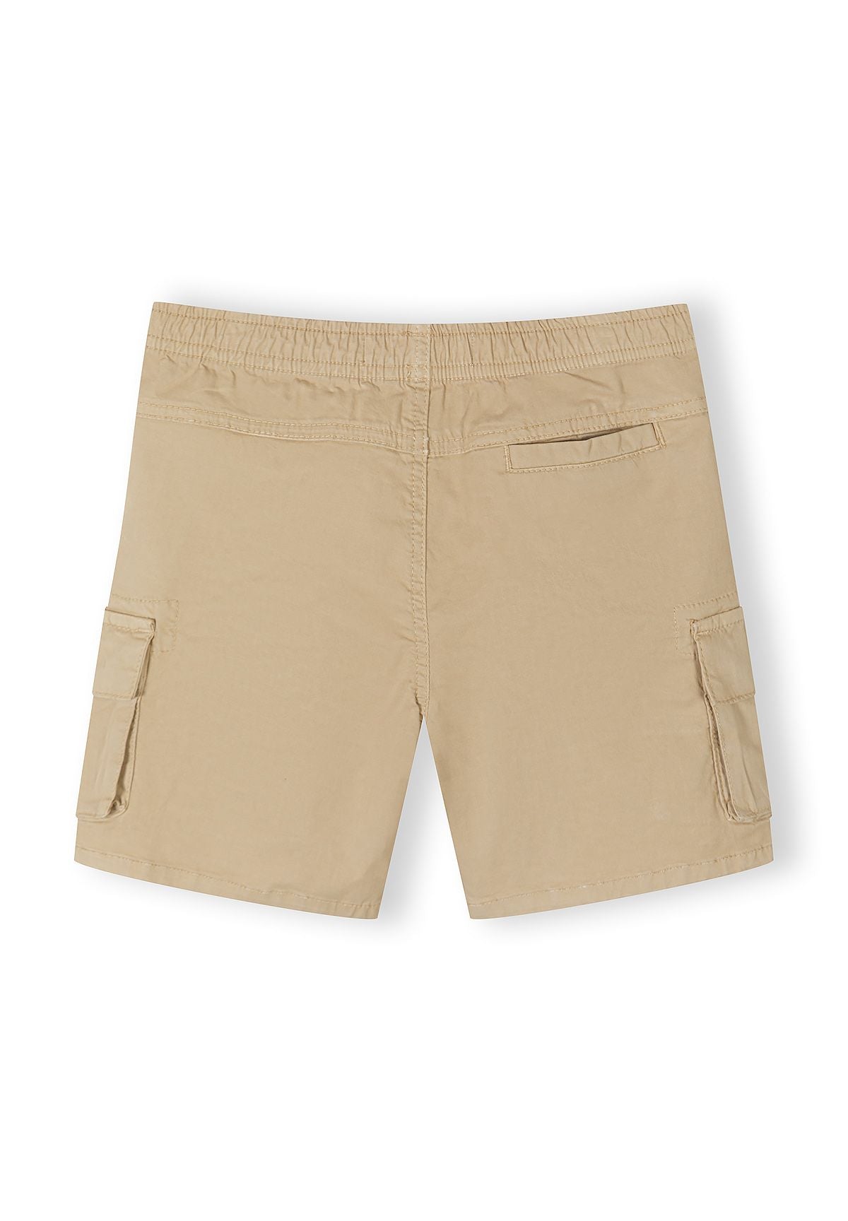 Beige cargo shorts with adjustable waistband, back pocket and side pockets, back view.