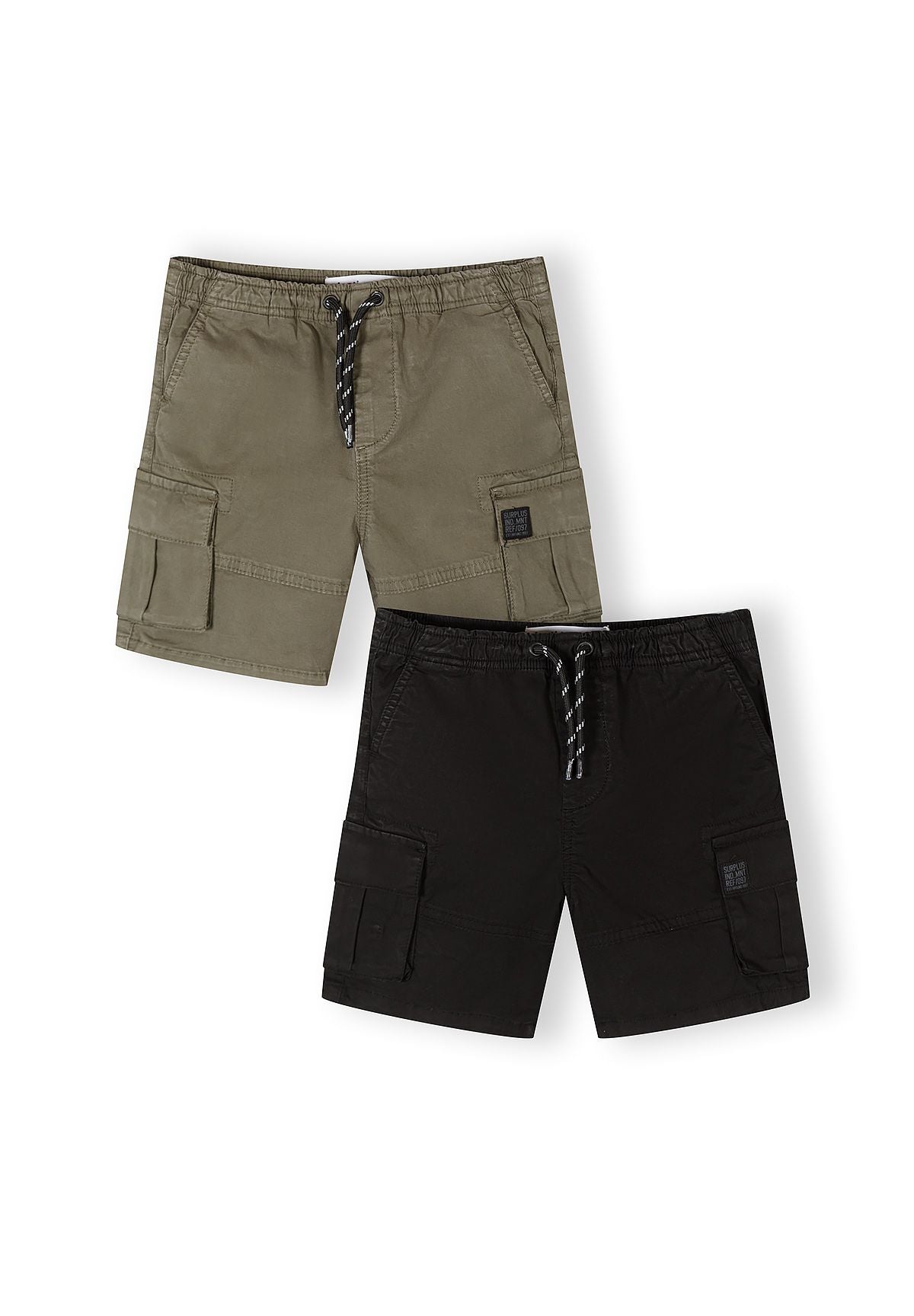 2-pack boys' woven combat shorts in black and khaki, front view, featuring cargo pockets.