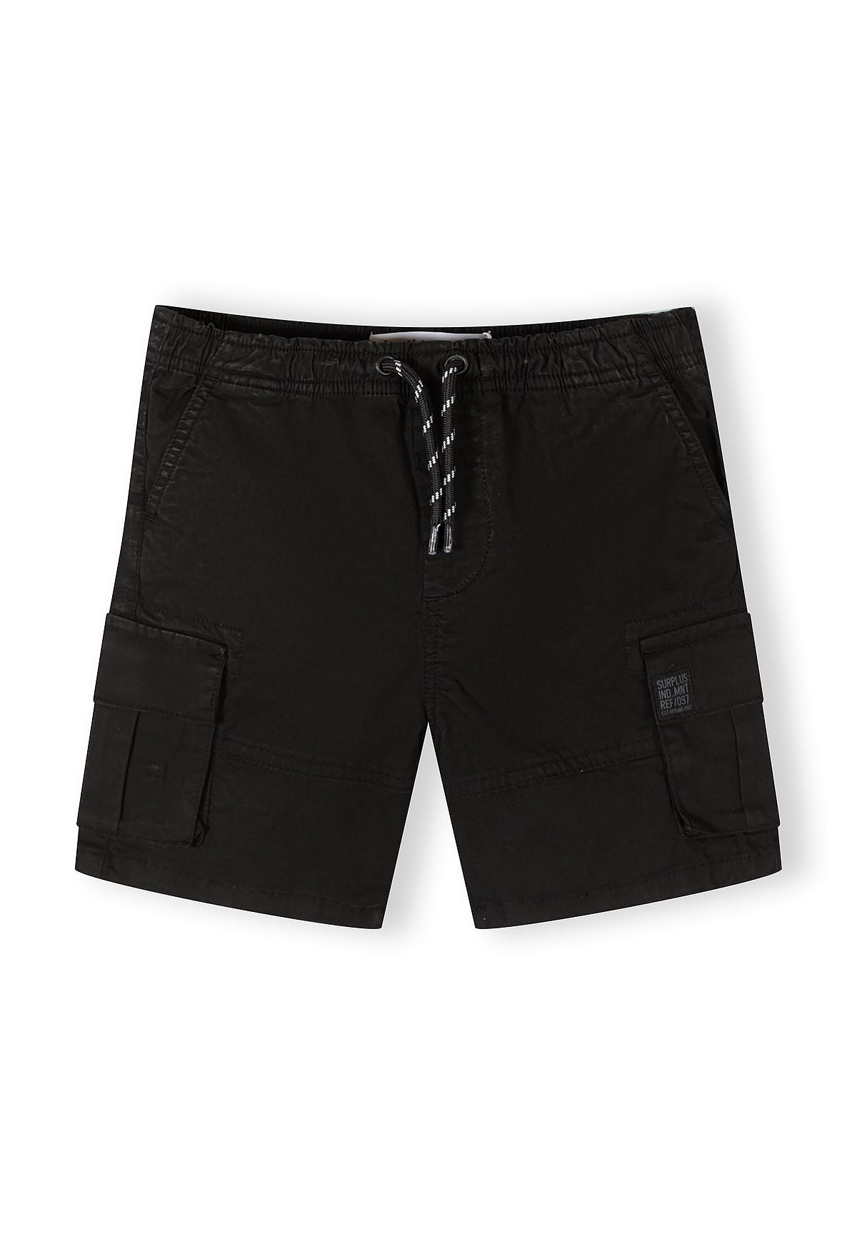 Black woven combat shorts with elasticated waistband and cargo pockets, front view.