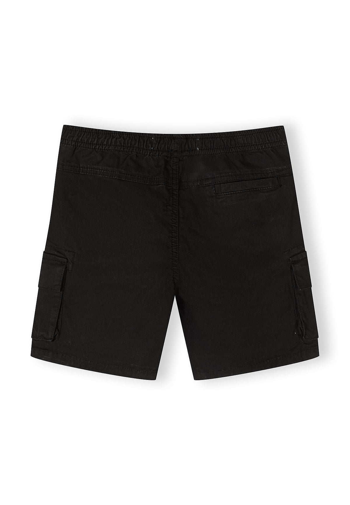 Back view of black woven combat shorts with elasticated waistband and cargo pockets.