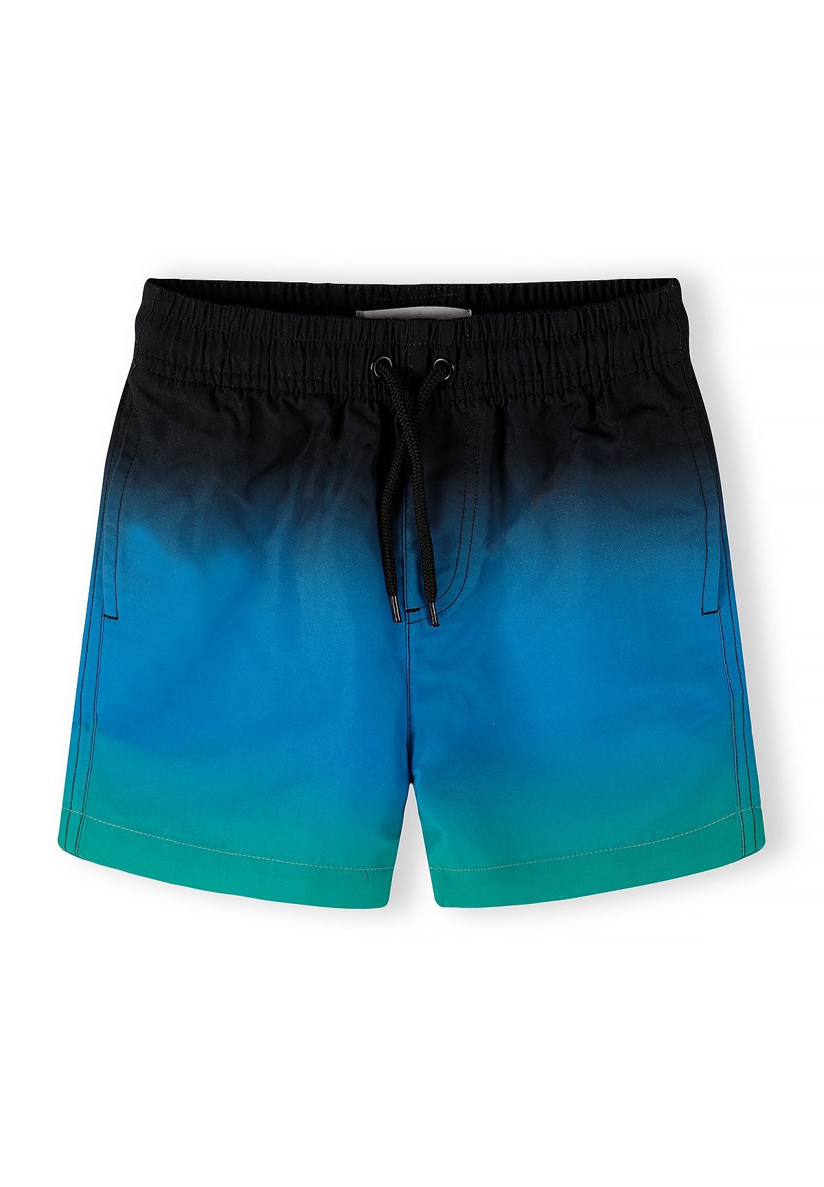 Black, blue, teal and lime swim shorts, gradient front.