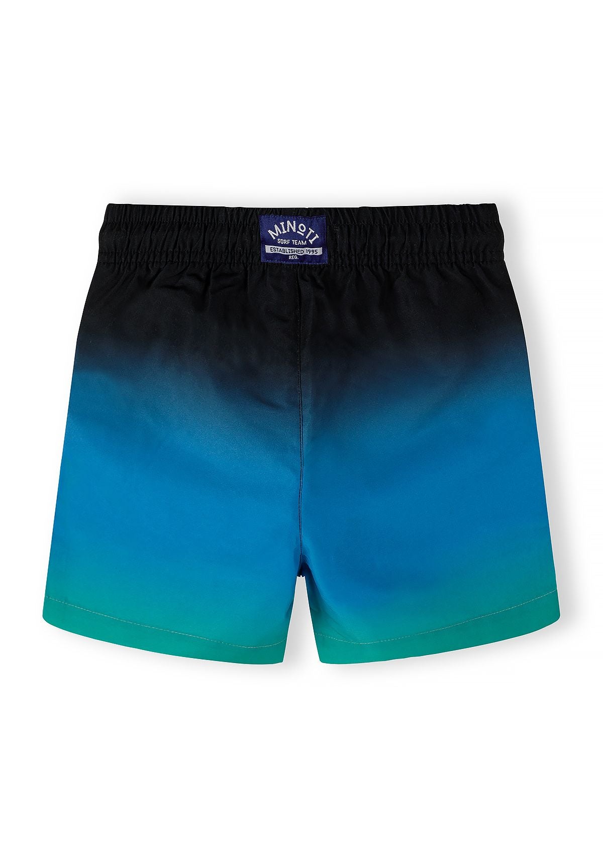 Black, blue, teal and lime swim shorts, gradient back.