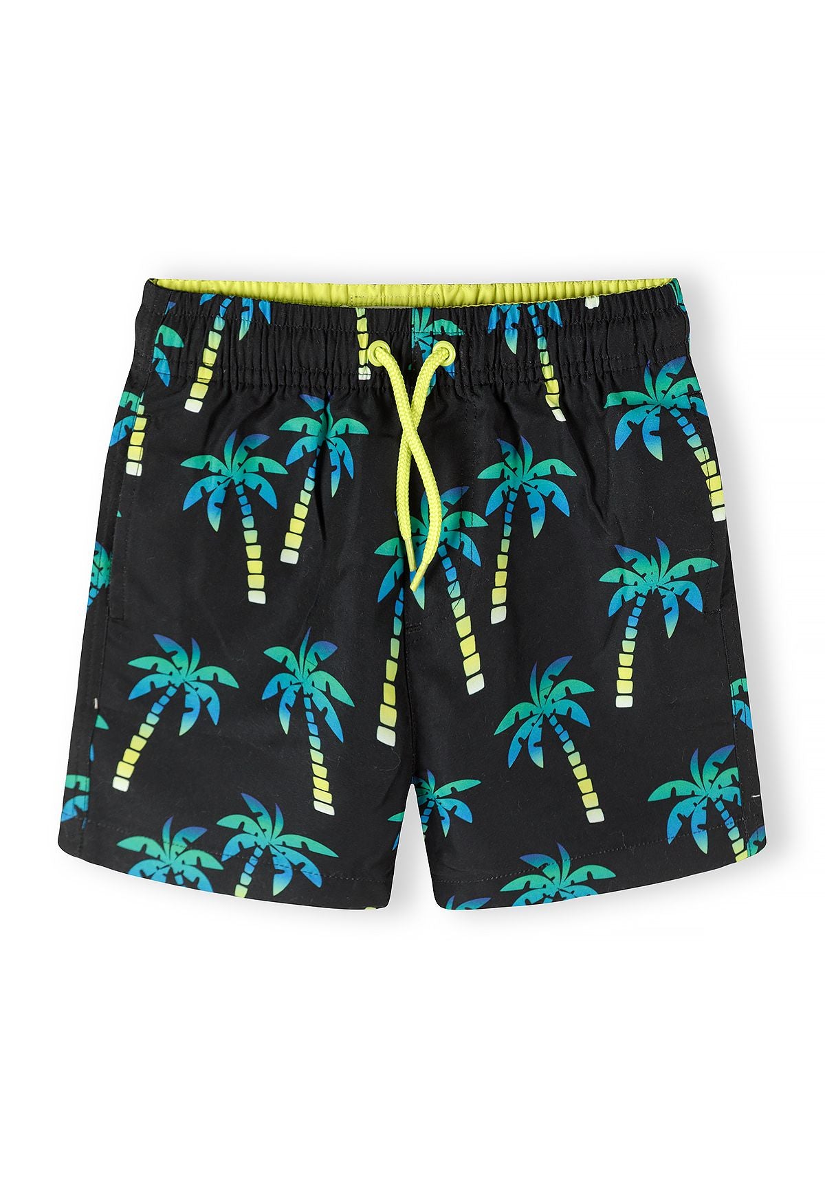 Boys swimming shorts, black with teal palm print, front view, elasticated waistband.
