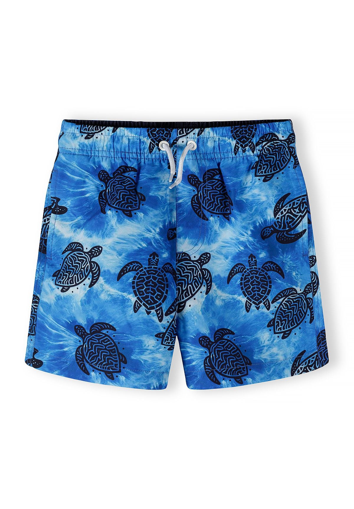 Boys' blue swimming shorts with turtle motif, front view.