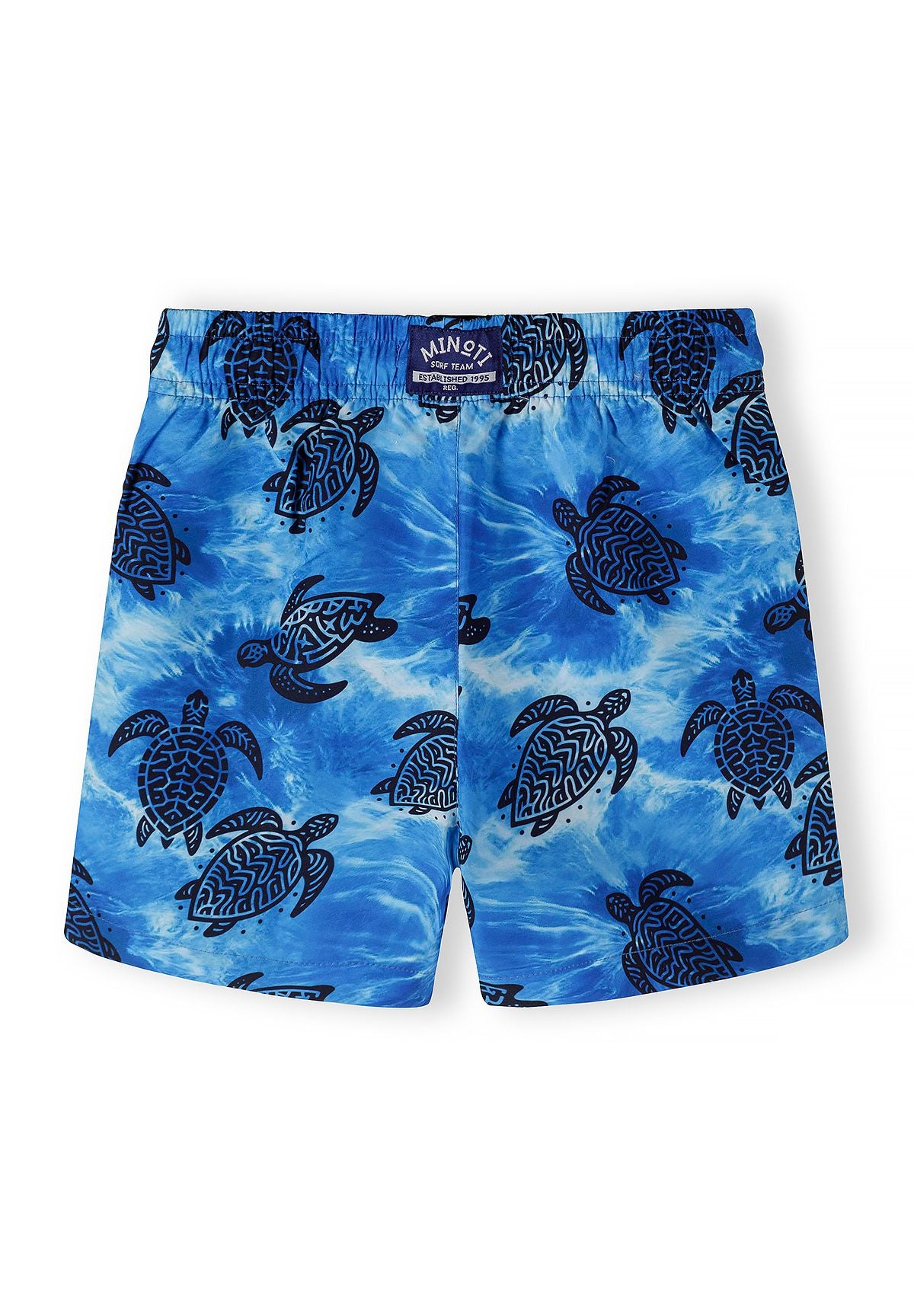 Boys' blue swimming shorts with turtle motif, front view.