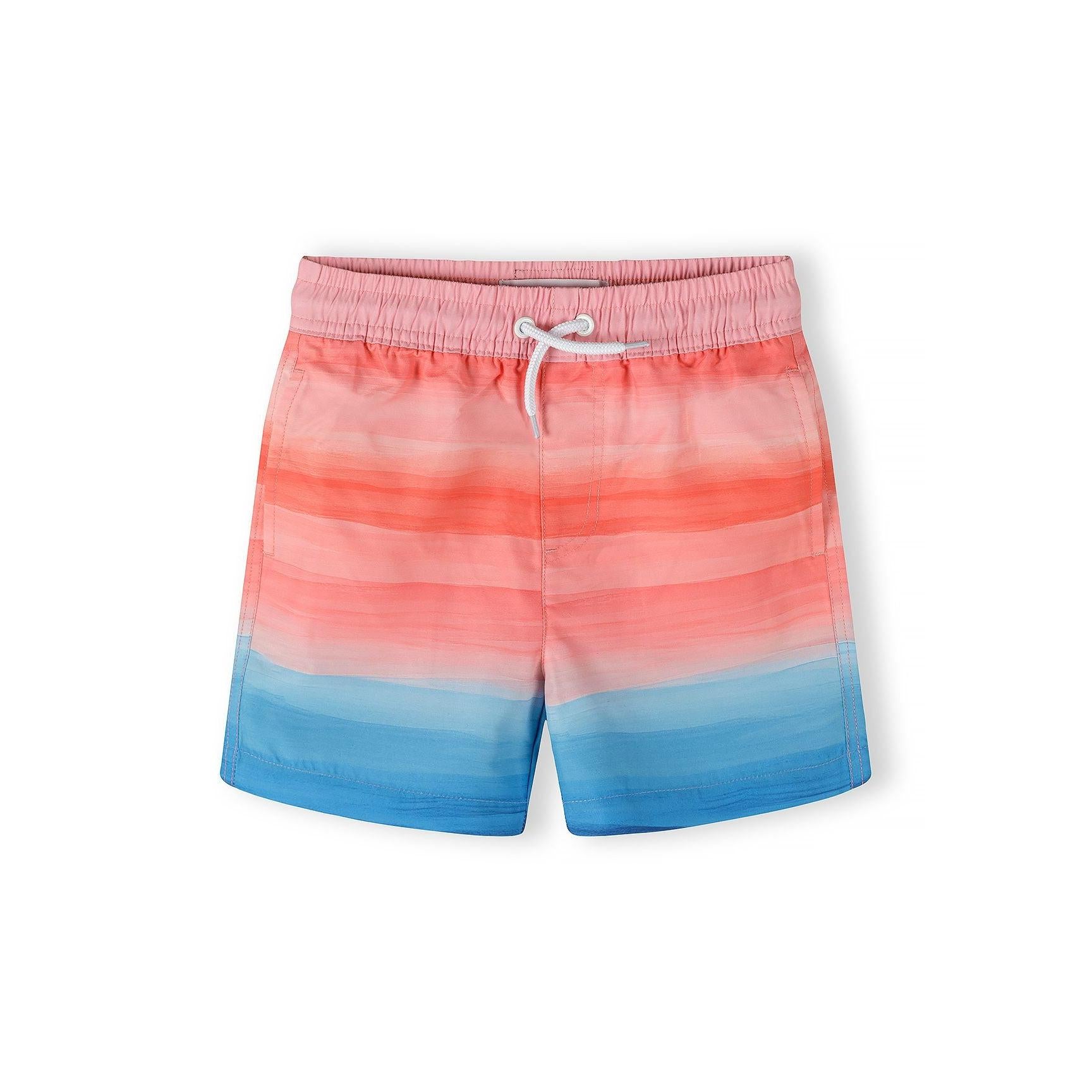 Single coral and blue ombré striped swim shorts with pink waistband and white drawstring displayed flat on white background