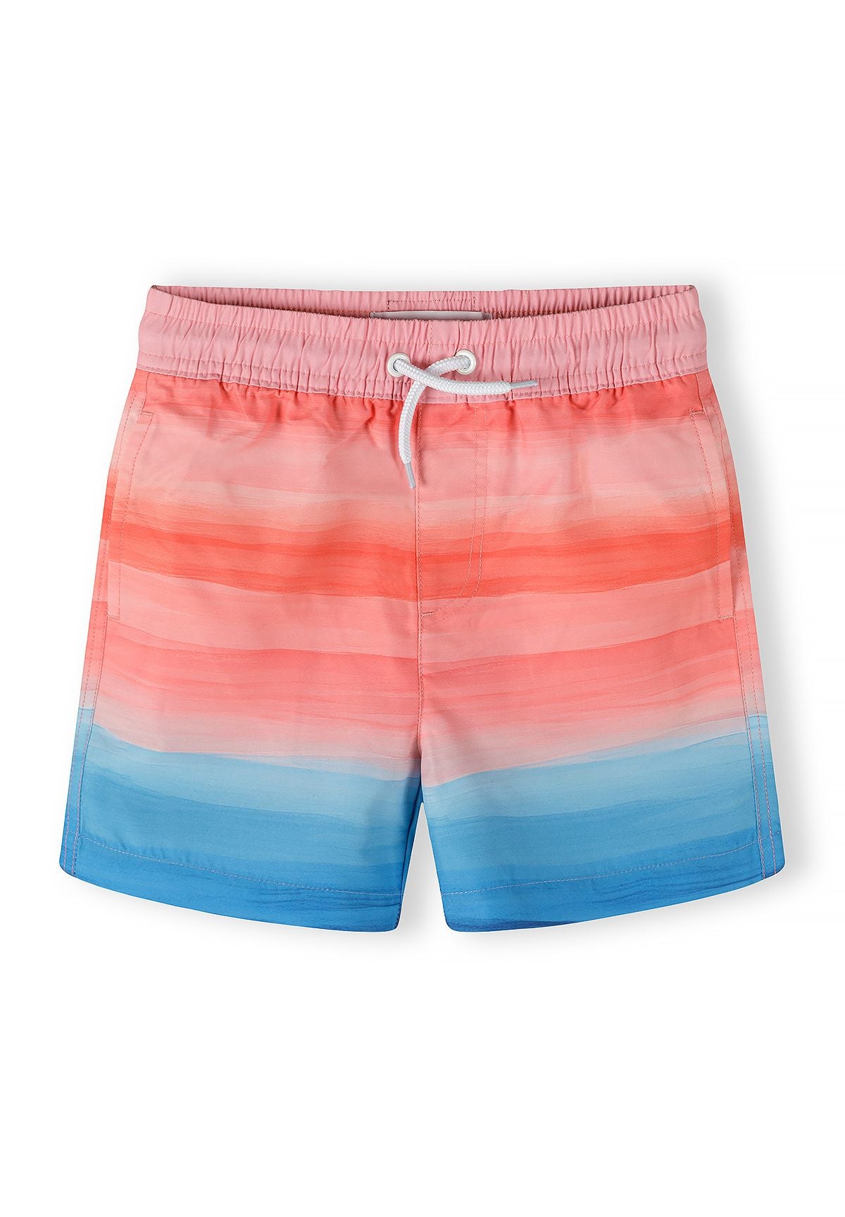Boys' quick-drying swimming shorts in pink and blue gradient, front view with elastic waistband.