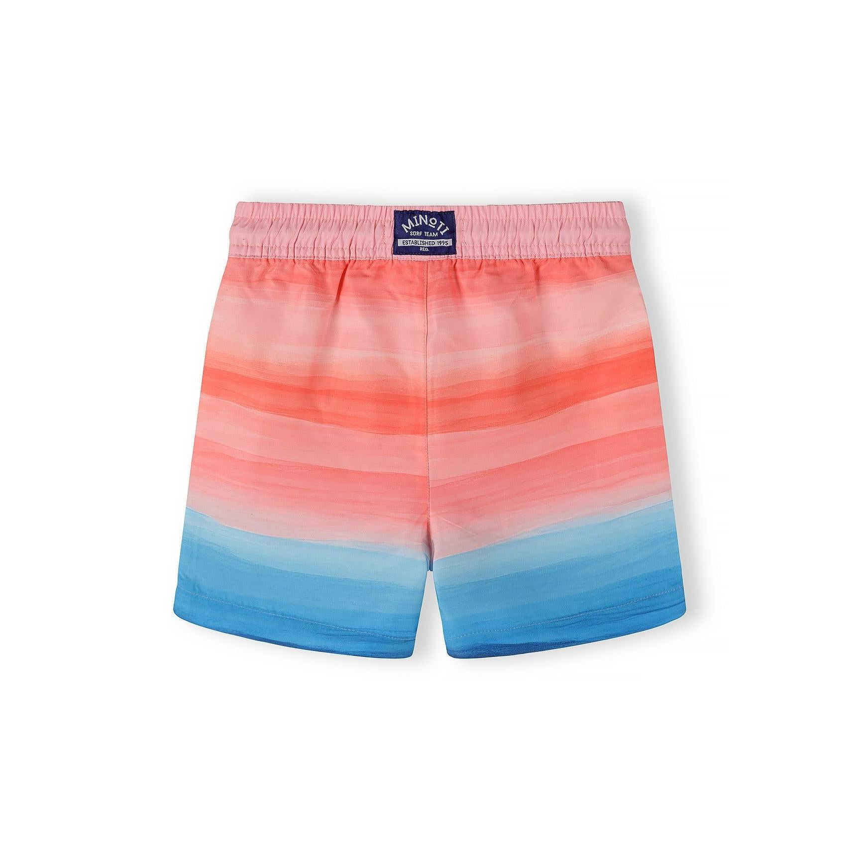 Close-up detail of coral-blue ombré striped swim shorts showing waistband construction, white drawstring and side pocket on white background