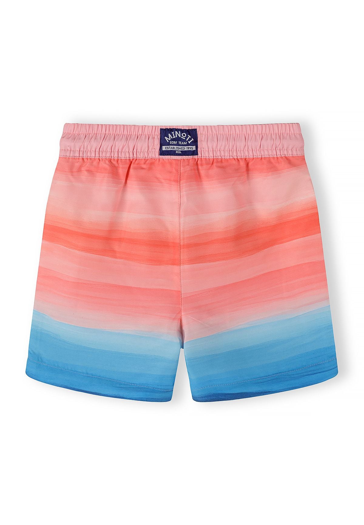 Back view of boys' swimming shorts in pink and blue gradient with elasticated waistband.