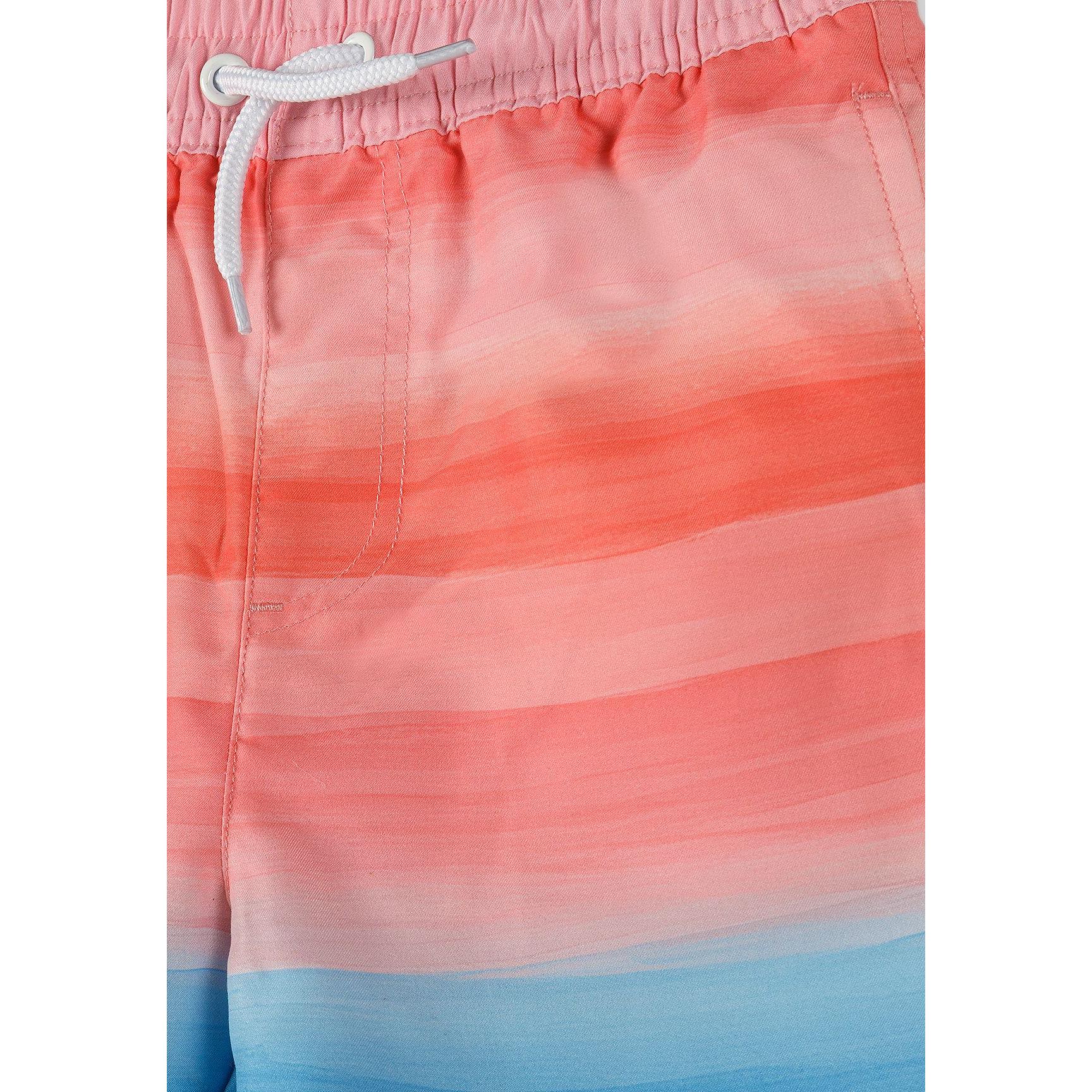 Close-up detail of coral-blue ombré striped swim shorts showing waistband construction, white drawstring and side pocket on white background