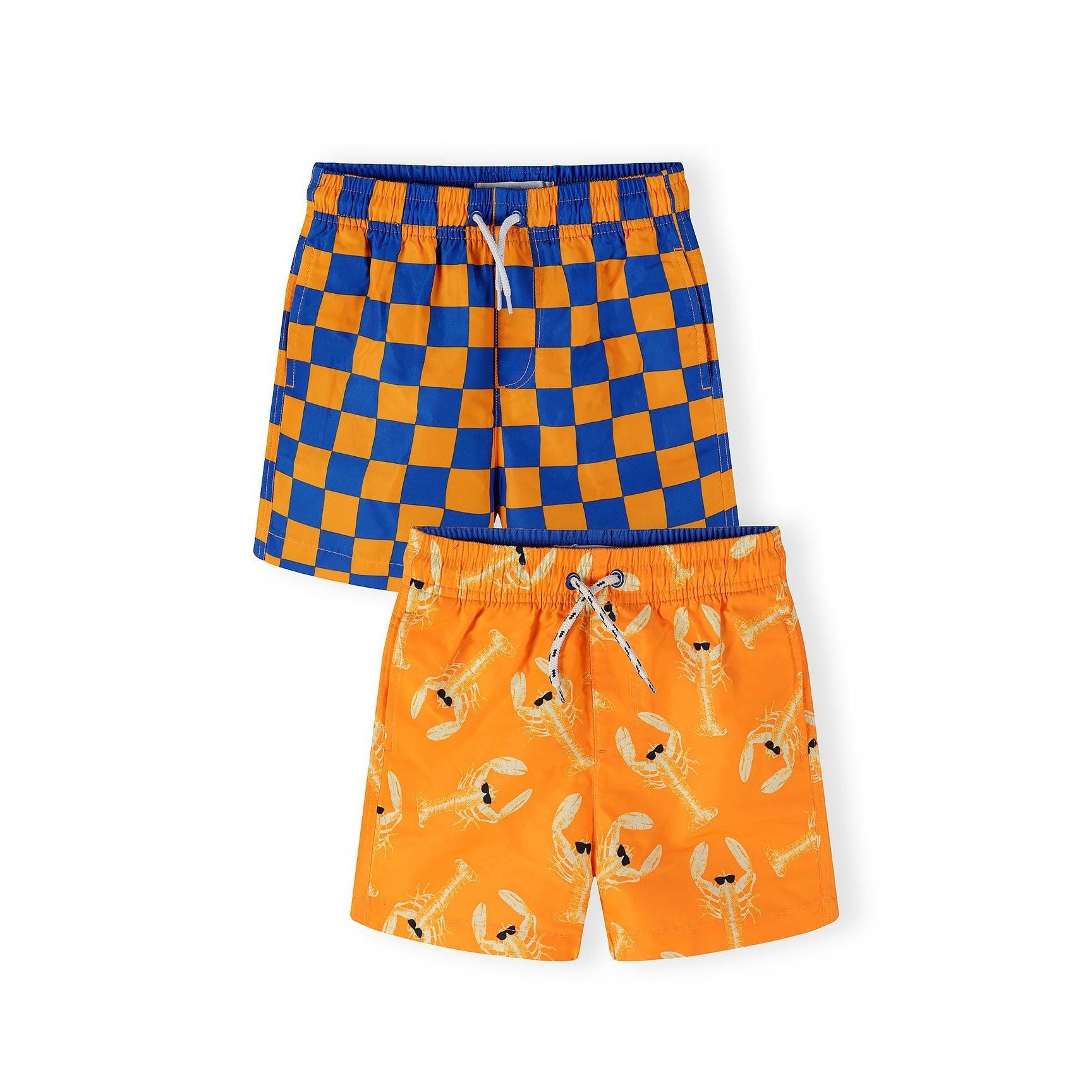 Orange swim shorts with all-over lobster print pattern and Minoti label on elastic waistband, laid flat on white background