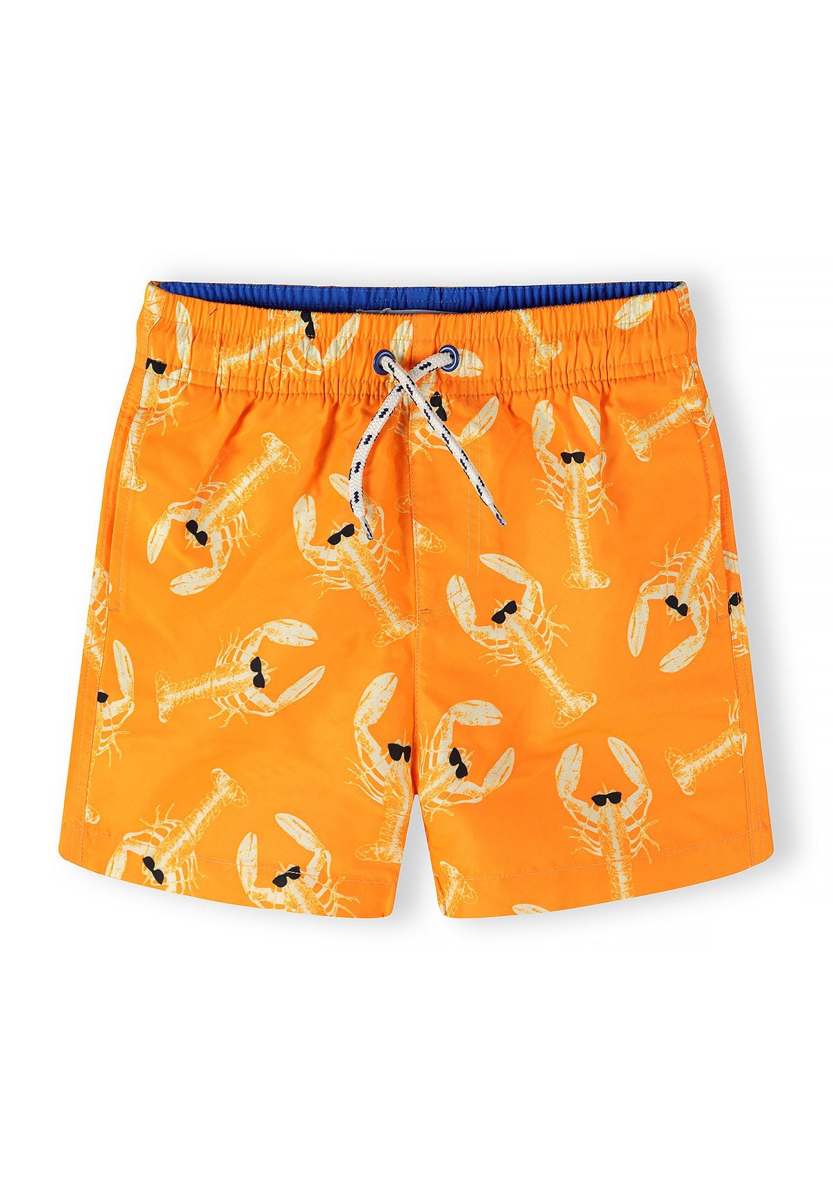 Boys quick dry swim shorts in orange with lobster print, front view.