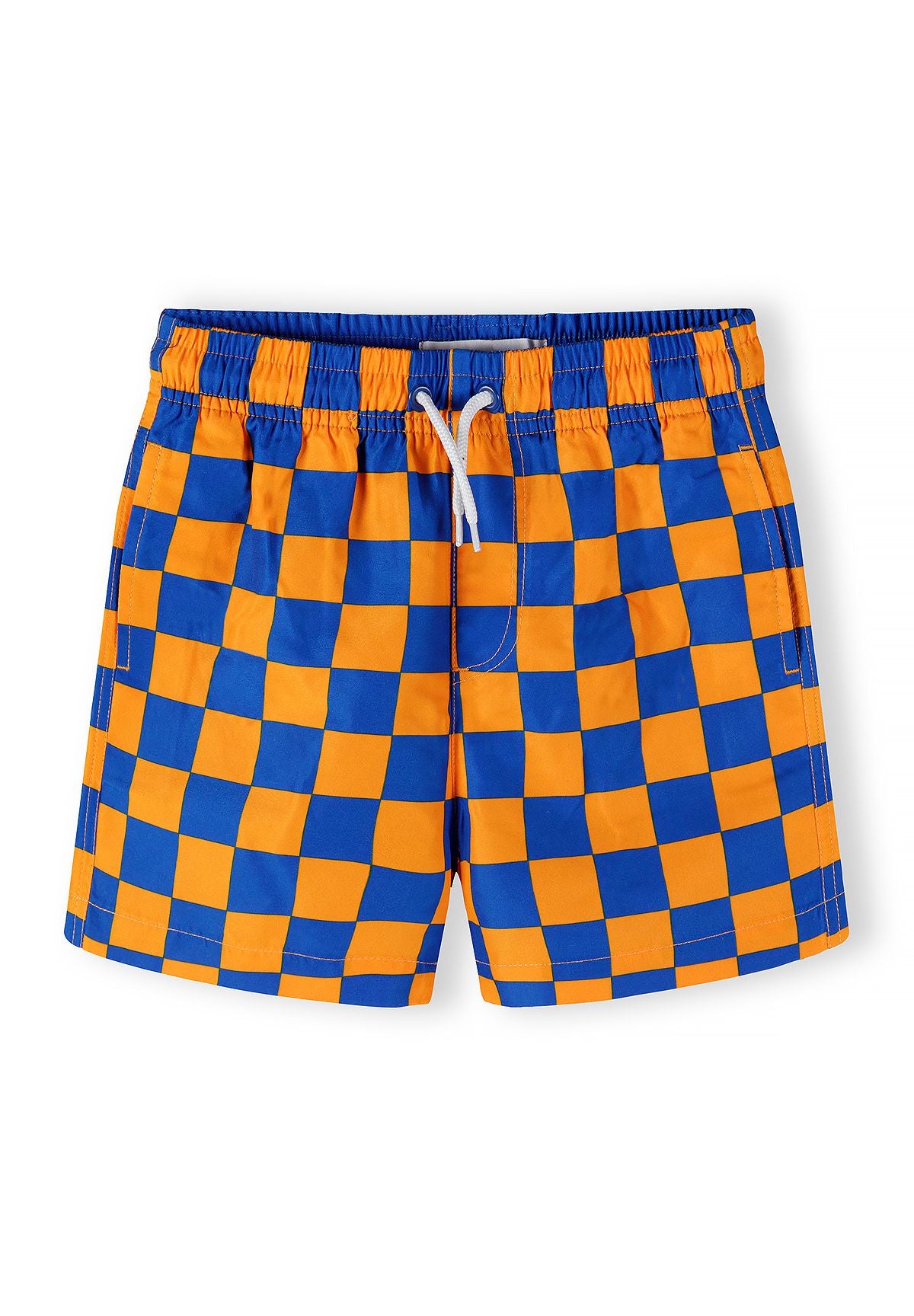 Orange and blue swim shorts, checkerboard front.