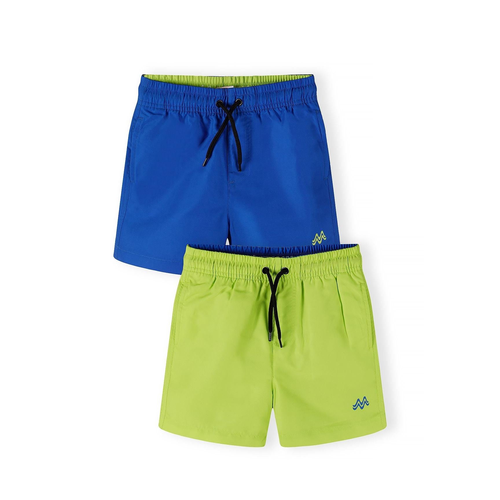 Two swim shorts laid flat showing blue shorts with lime waistband trim and lime shorts with blue waistband trim, both featuring drawstring ties and embroidered logos