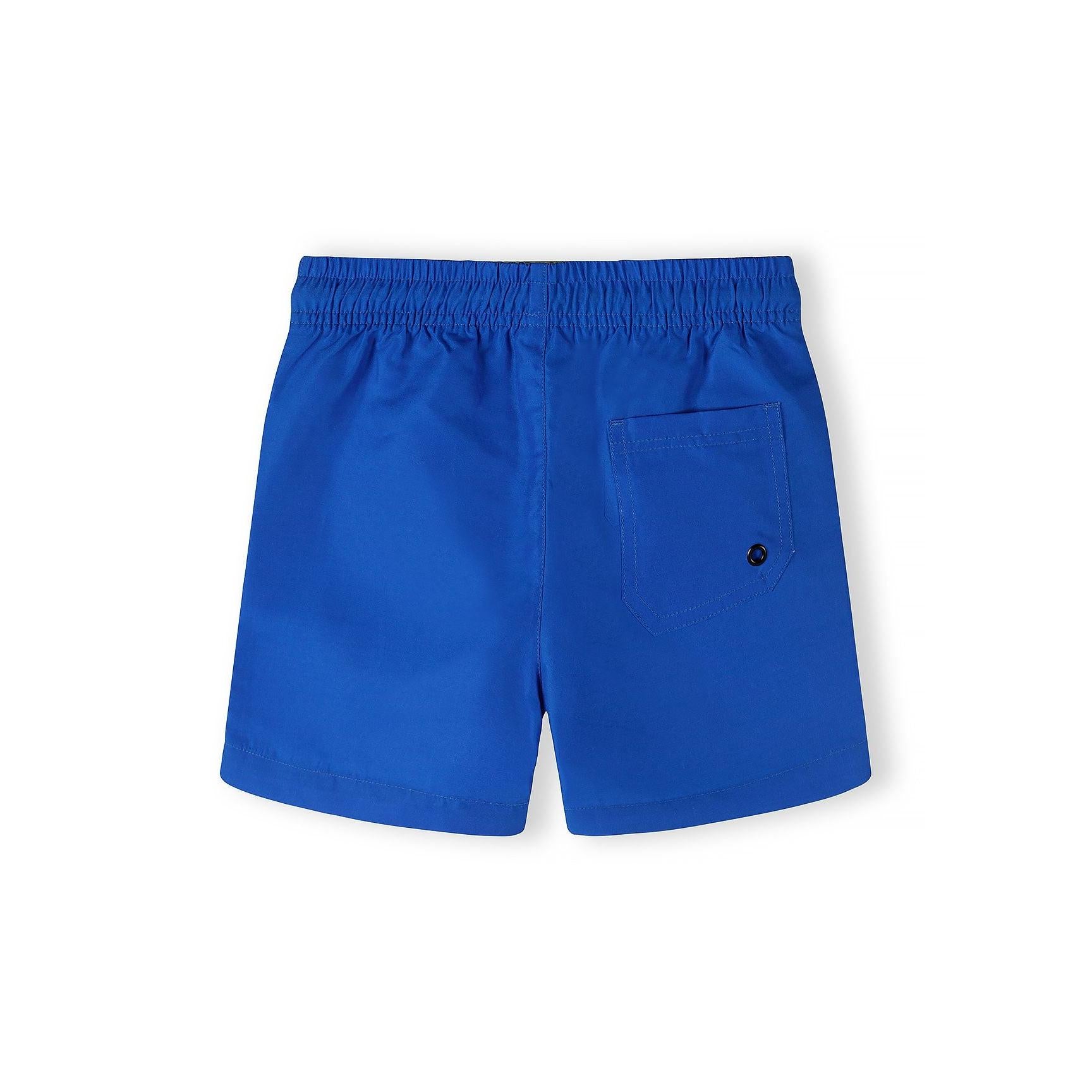 Close-up detail of lime swim shorts showing elastic waistband with blue trim, black drawstring with eyelets and embroidered blue logo