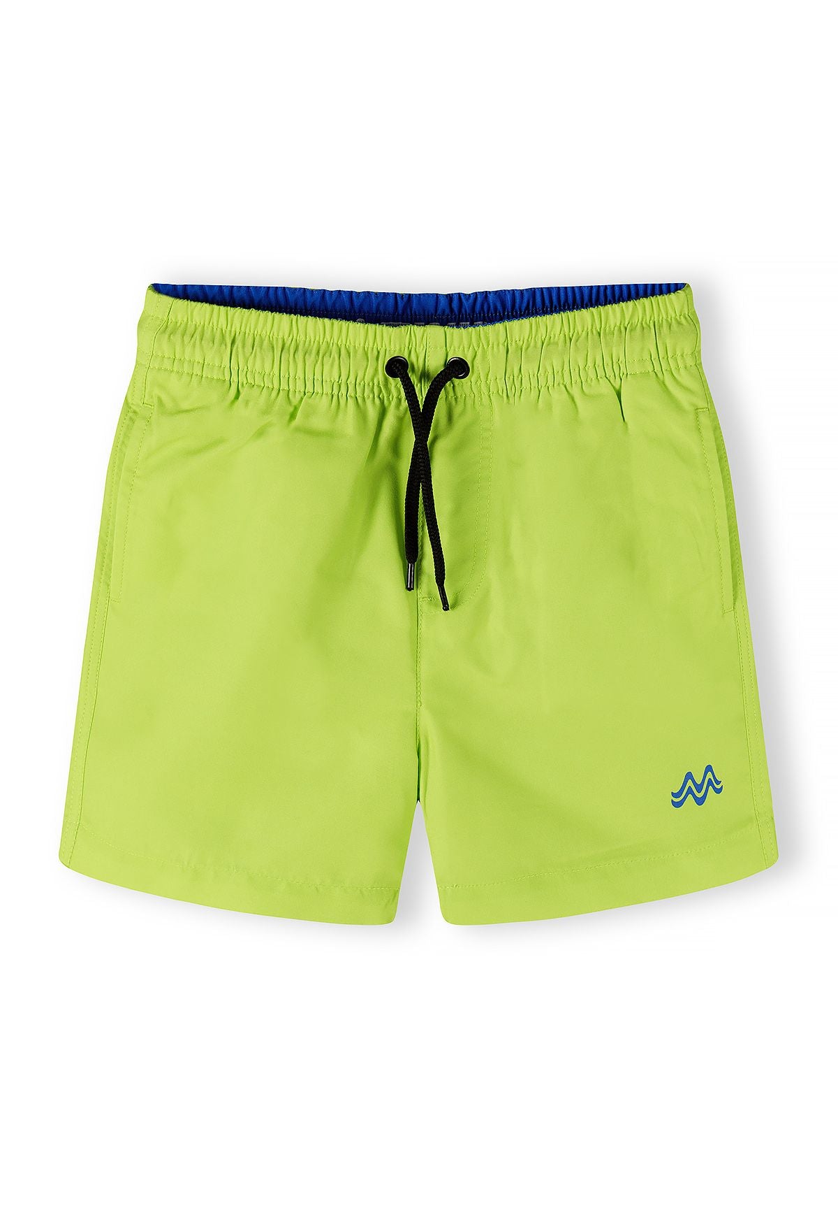 Royal blue and lime swim shorts, lime front.