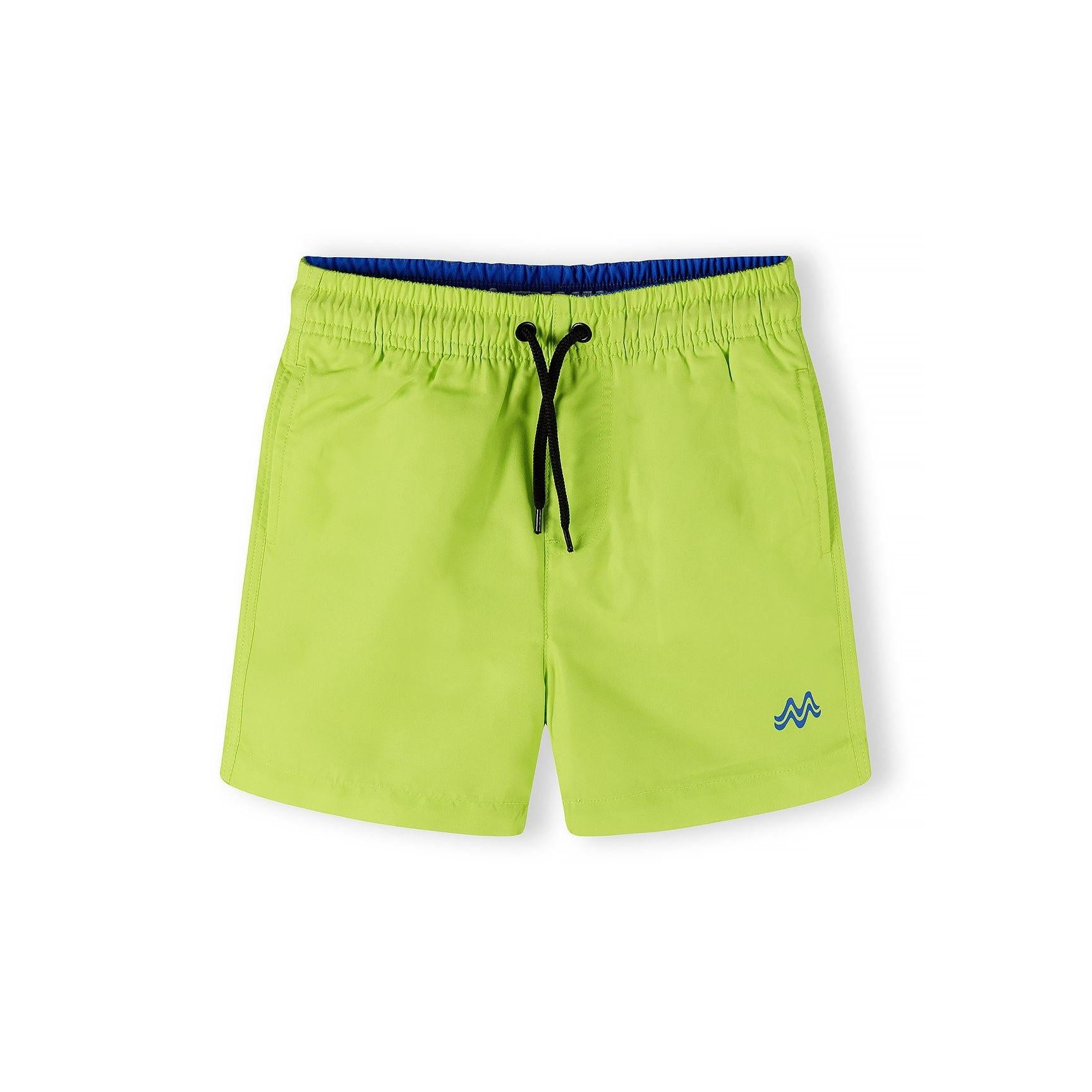 Single lime green swim shorts with blue waistband trim, black drawstring ties and embroidered logo on white background