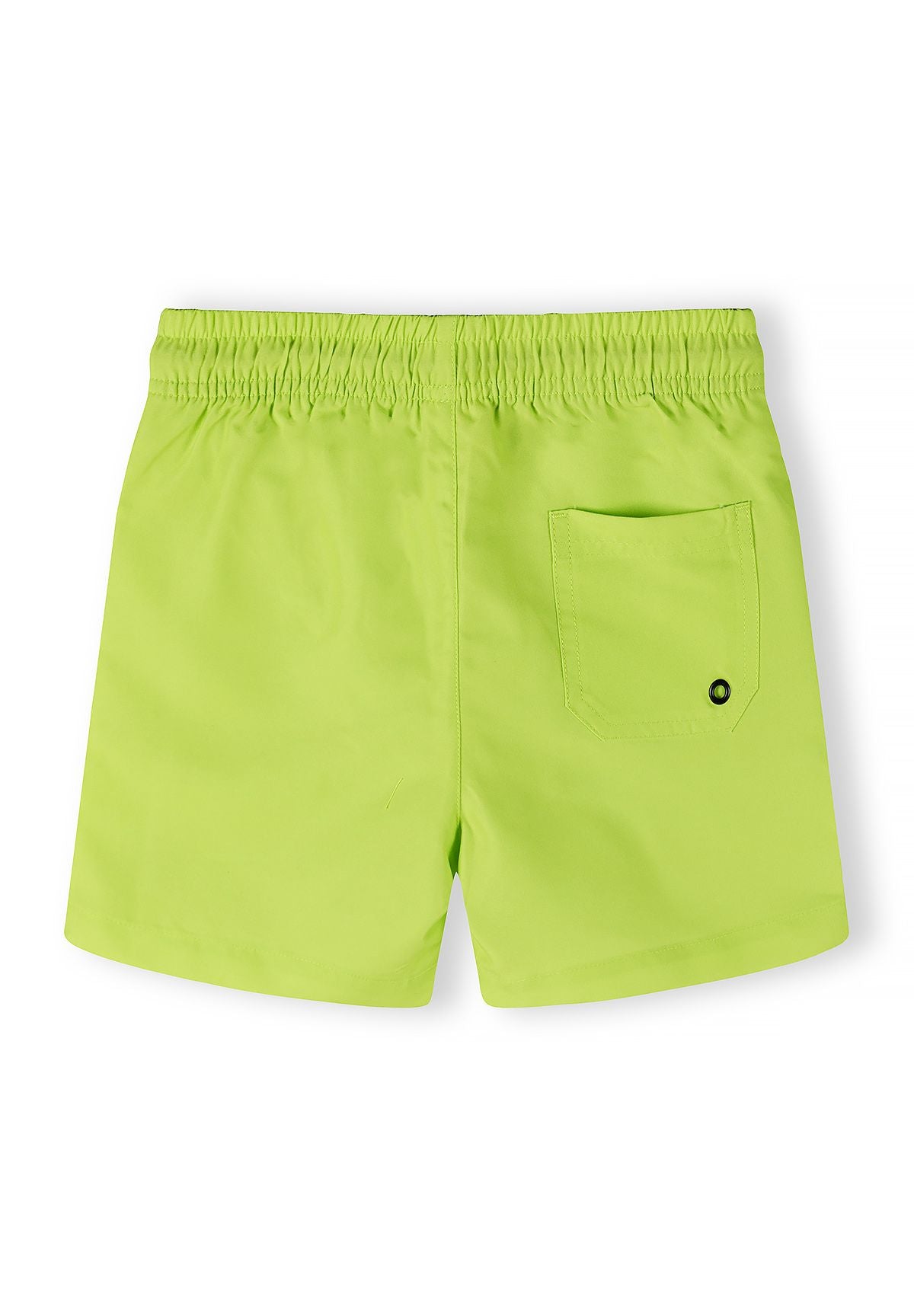 Royal blue and lime swim shorts, lime back pocket.