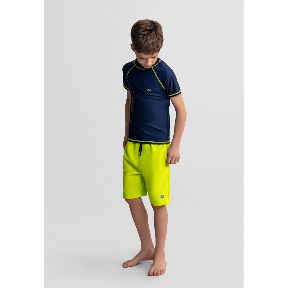 Boys' swim shorts 2-pack in royal blue and lime — complete product view for square Shop card