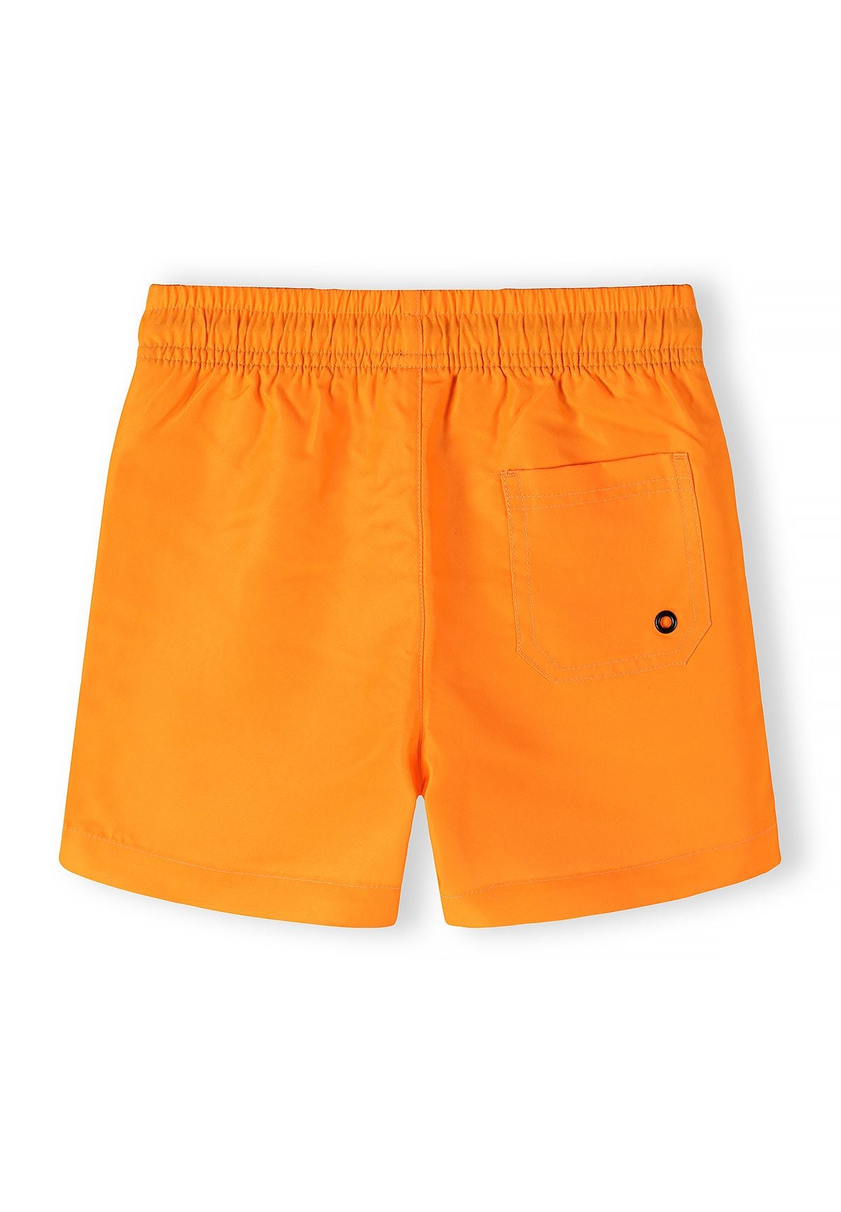 Back view of bright orange boys swimming shorts with elasticated waistband and side pocket.