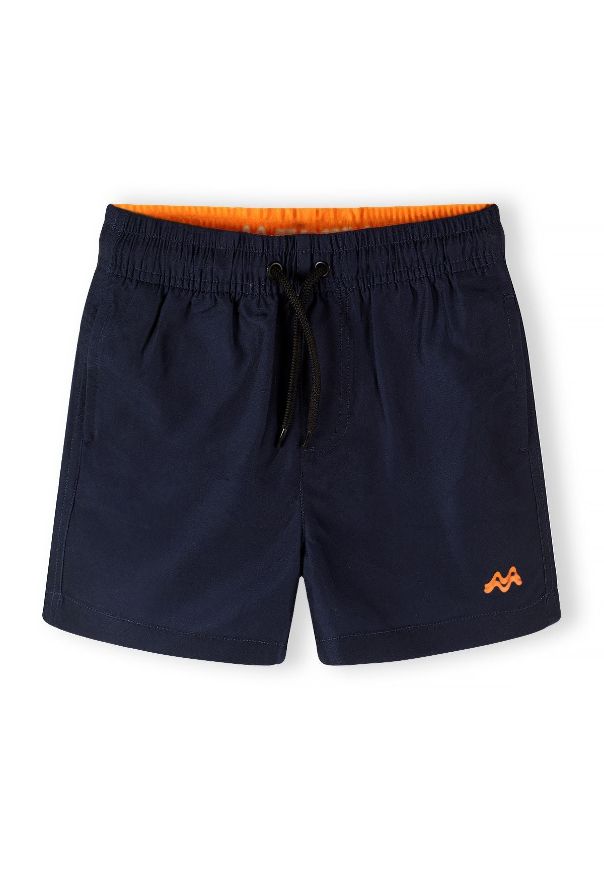 Boys swimming shorts in navy with bright orange lining, front view, featuring elasticated waistband and drawstring.