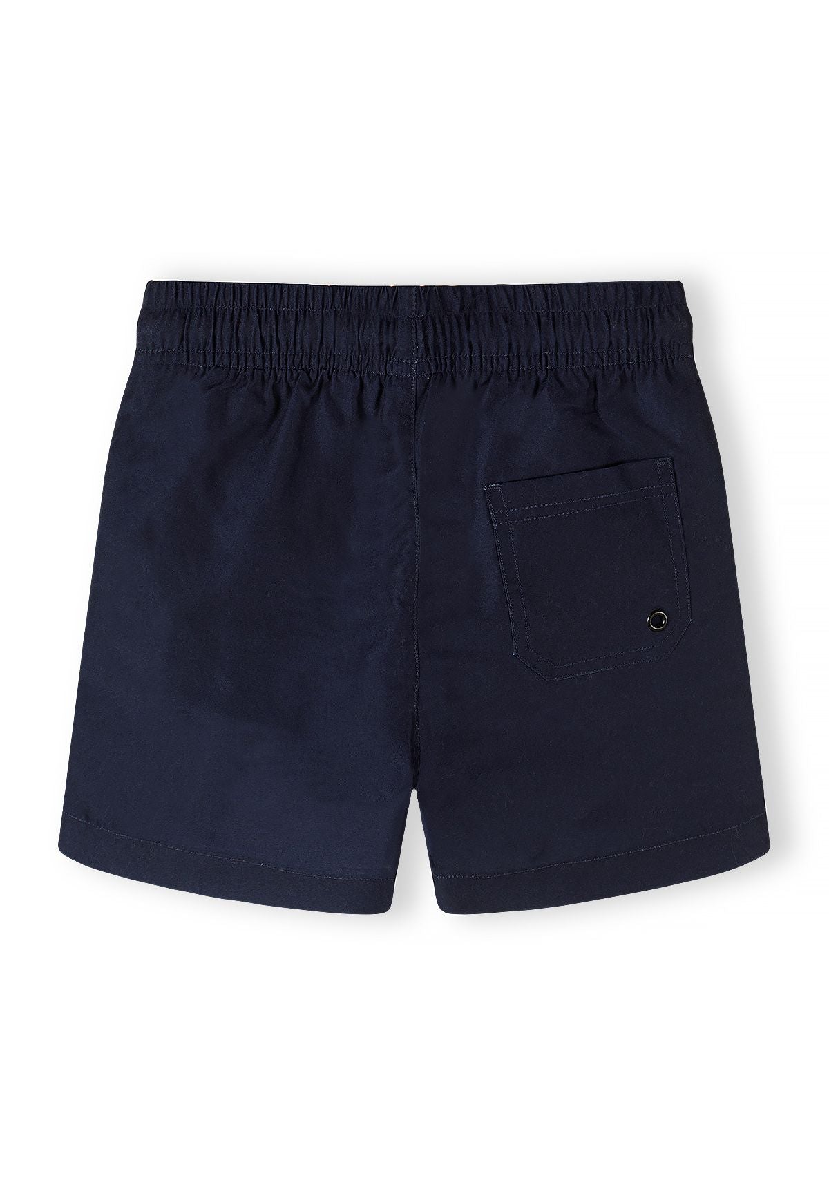 Back view of navy boys swimming shorts with elasticated waistband and side pocket.