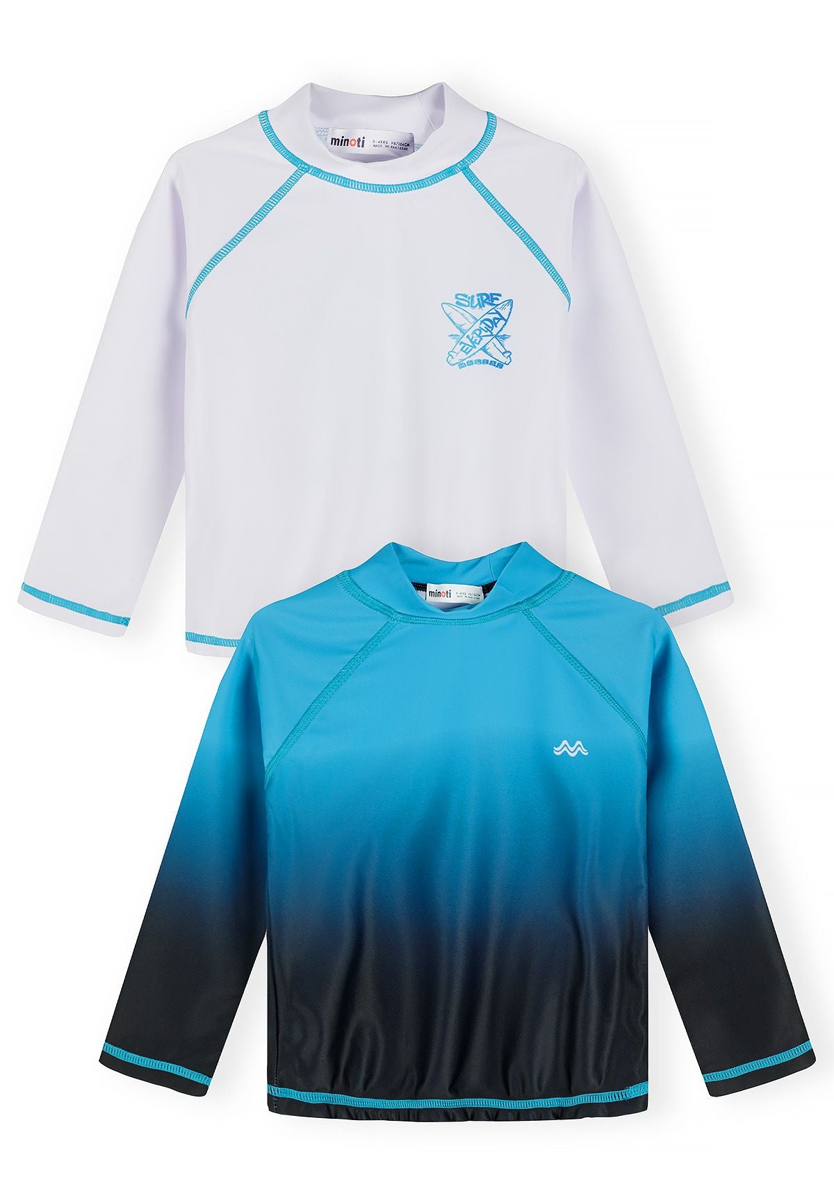 Boys' 2-pack rash vest set in white and ombre blue, featuring long sleeves and a collar-free design.