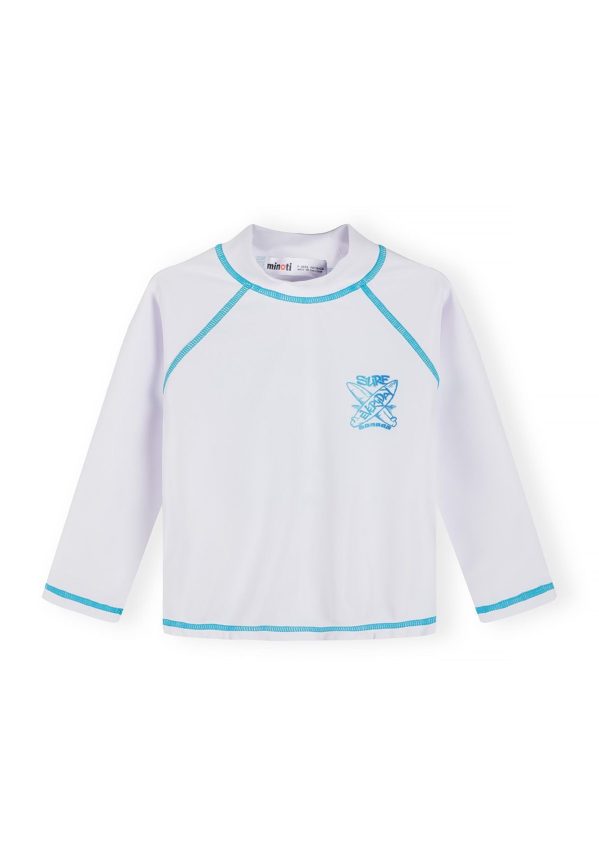 Boys' long-sleeve rash vest in white with blue trim, front view, features a surf logo.