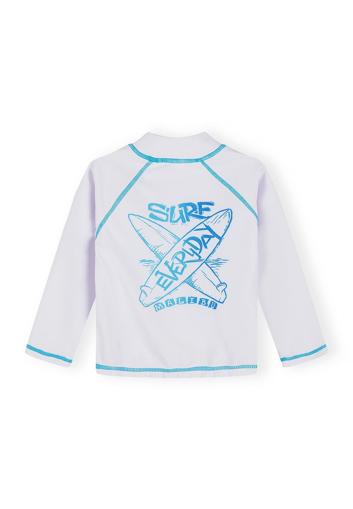 Boys' white rash vest with blue surf graphic, back view, long sleeves.