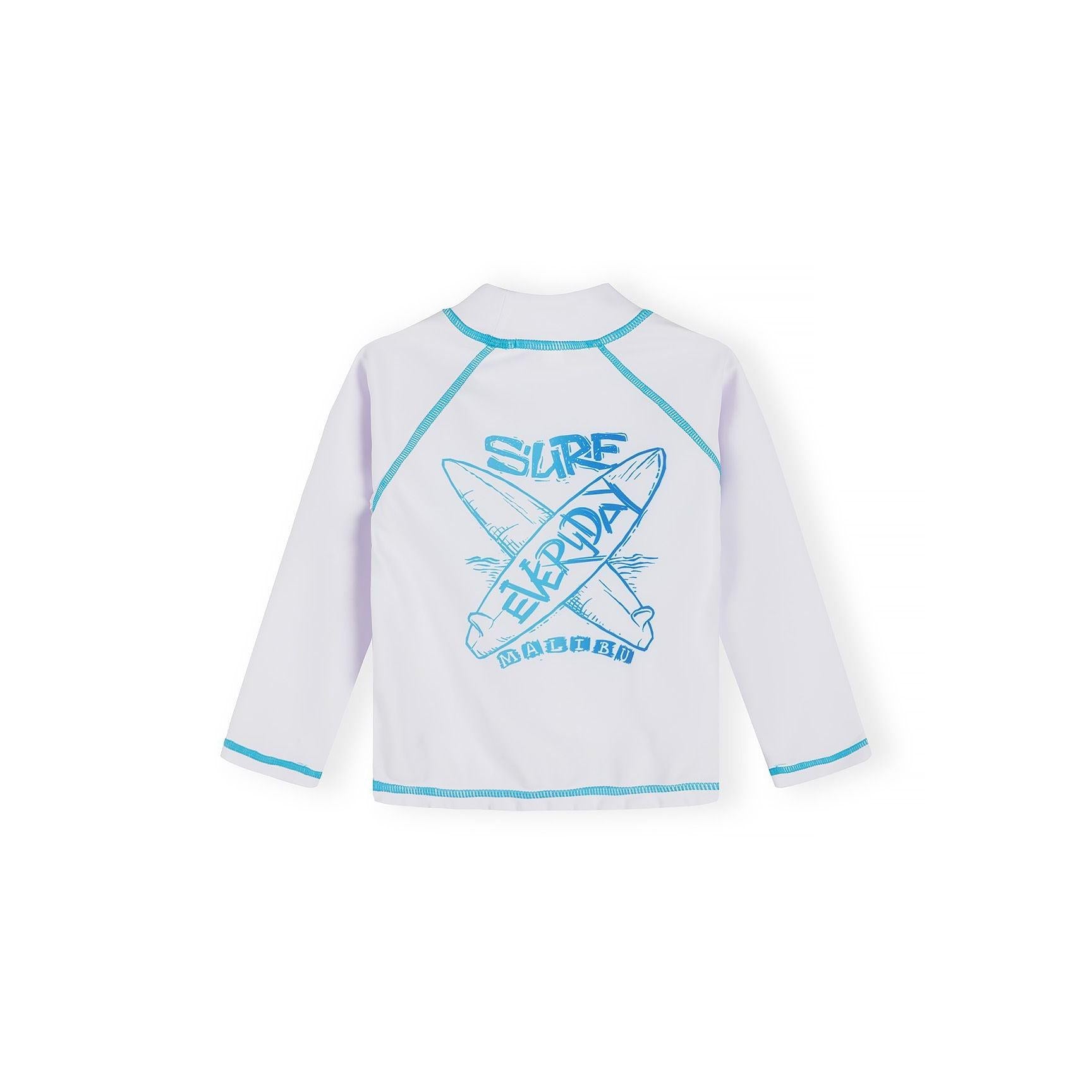 Flat lay of white long sleeve rash vest with blue surf board graphics and contrast blue stitching on white background