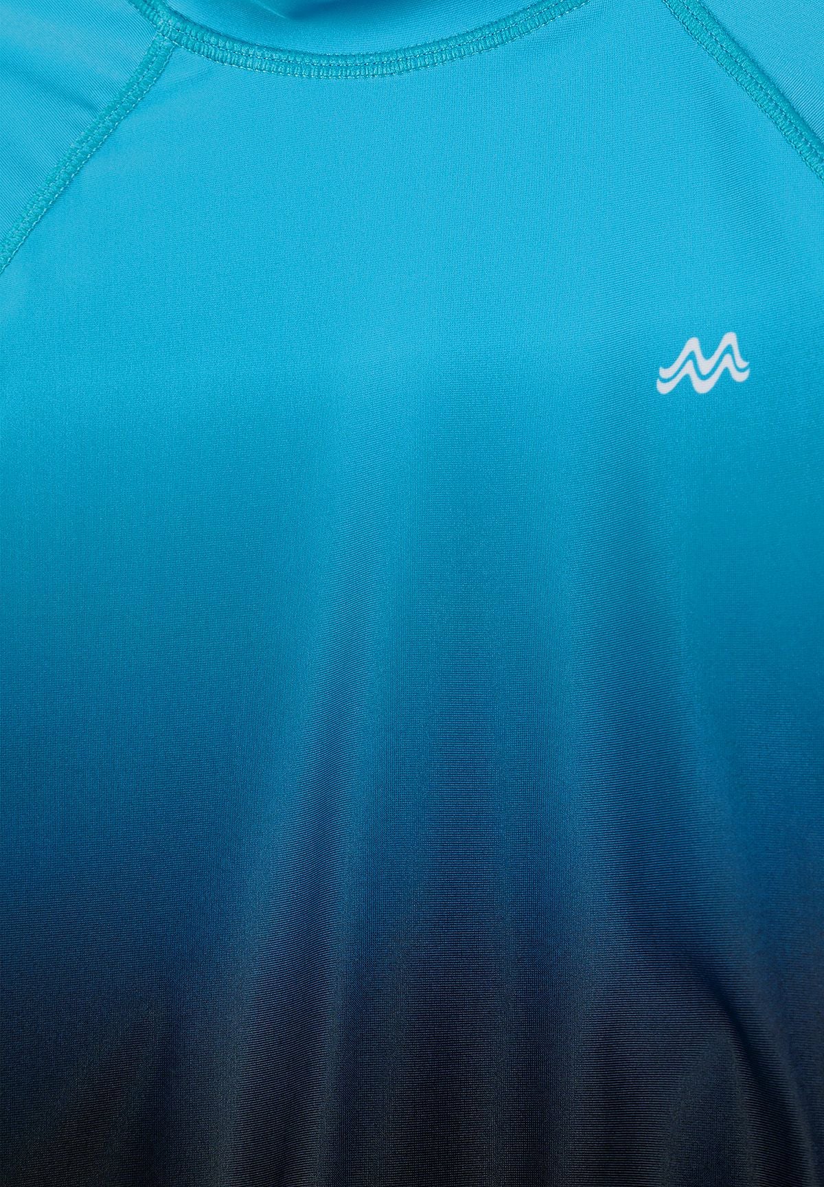 Detail of ombre blue rash vest with logo, designed for boys aged 3 to 14.