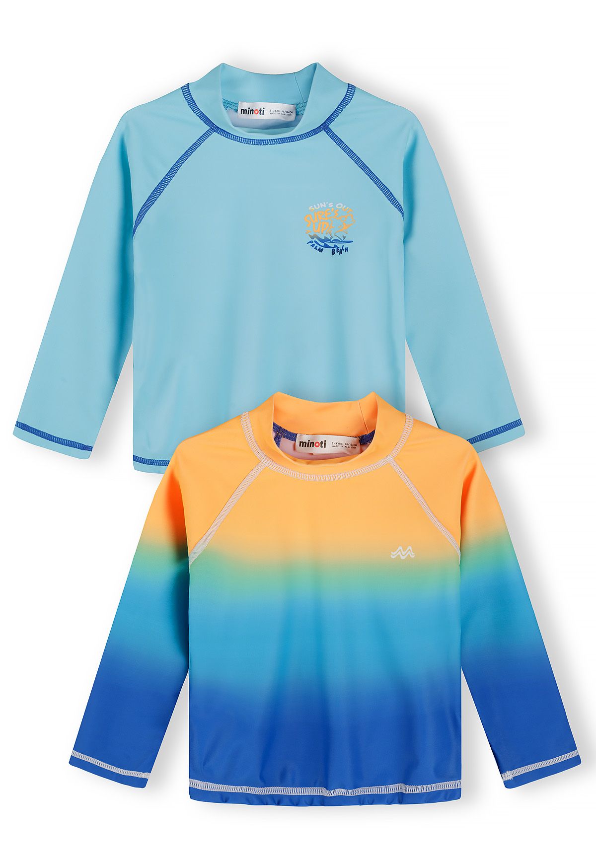 Boys long sleeve rash vest in turquoise and orange with a stand collar and side pockets.