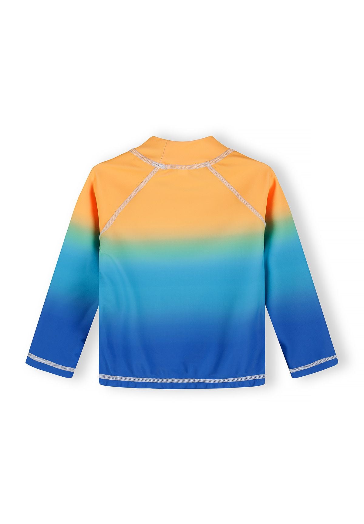 Boys long sleeve rash vest in ombre orange and turquoise, back view with stand collar.