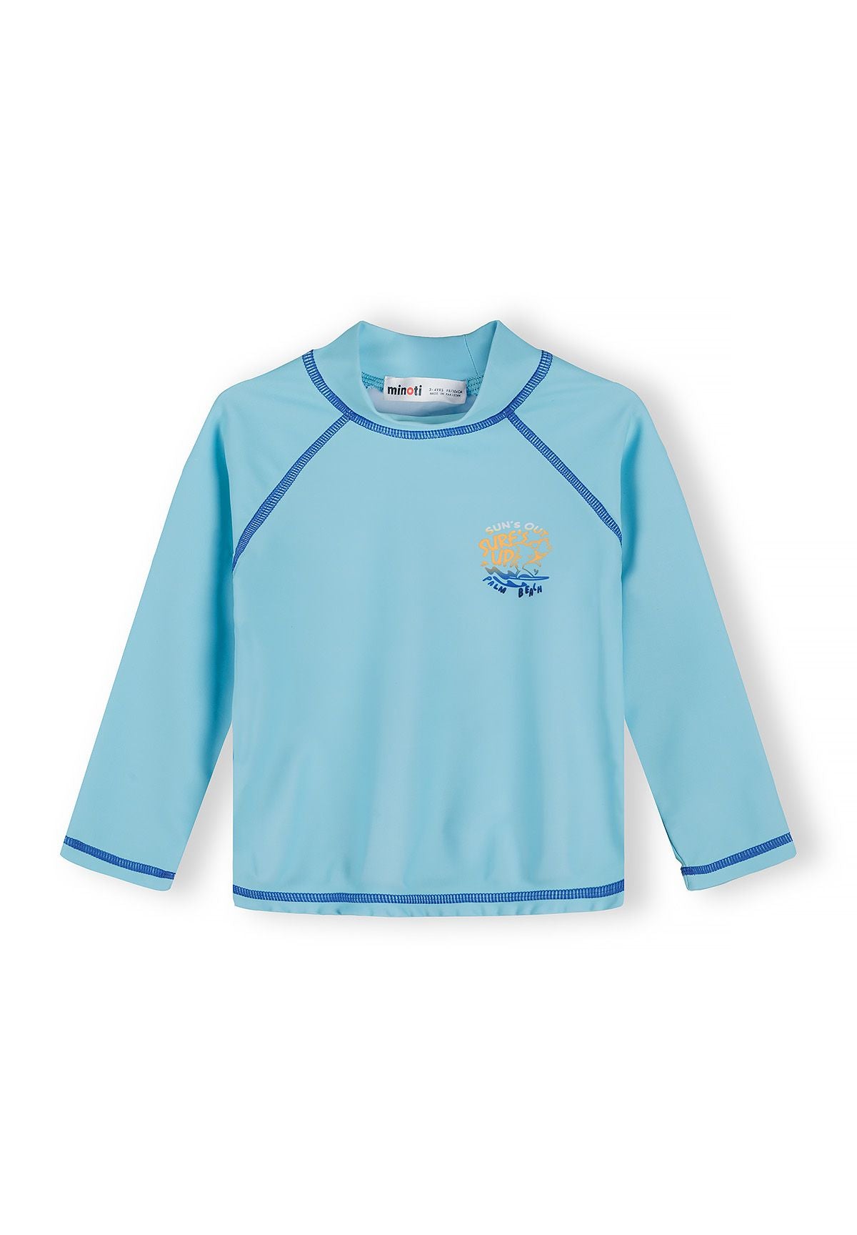Boys long sleeve rash vest in turquoise with a stand collar and logo detail.