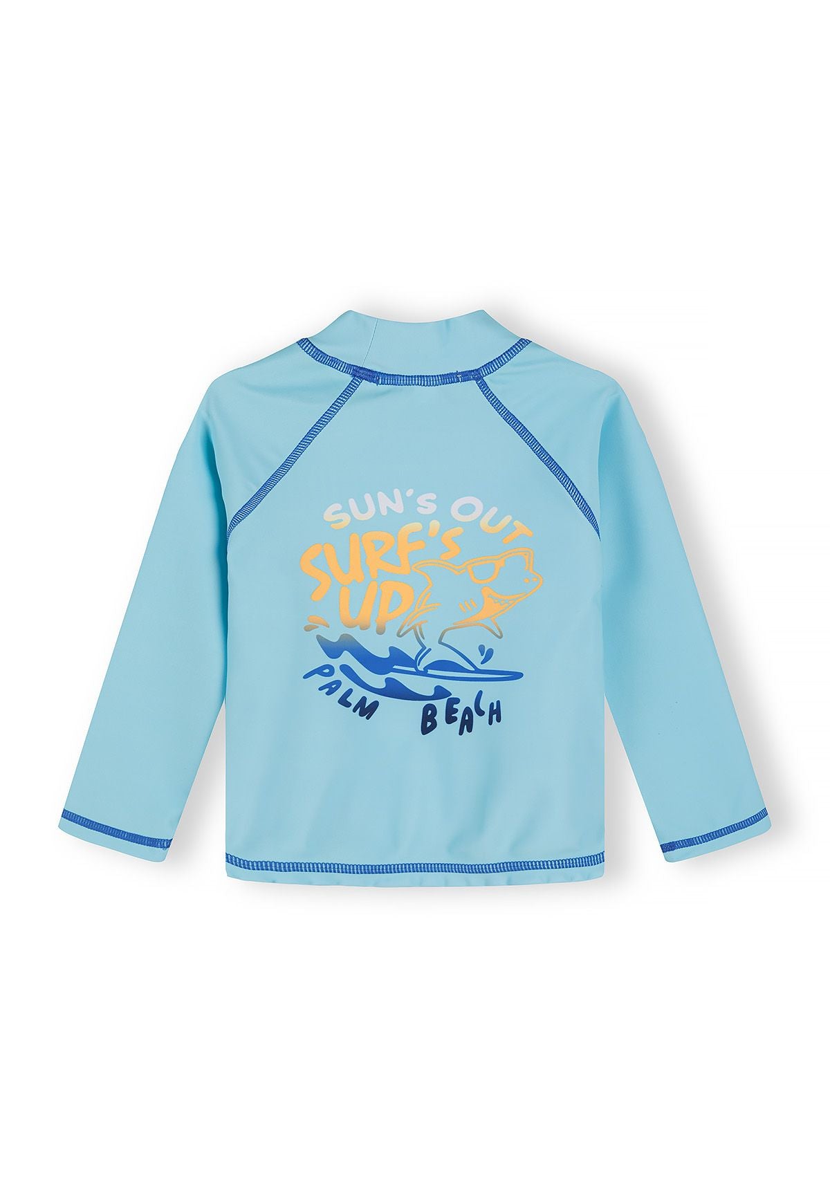 Boys long sleeve rash vest in turquoise with graphic print, back view.
