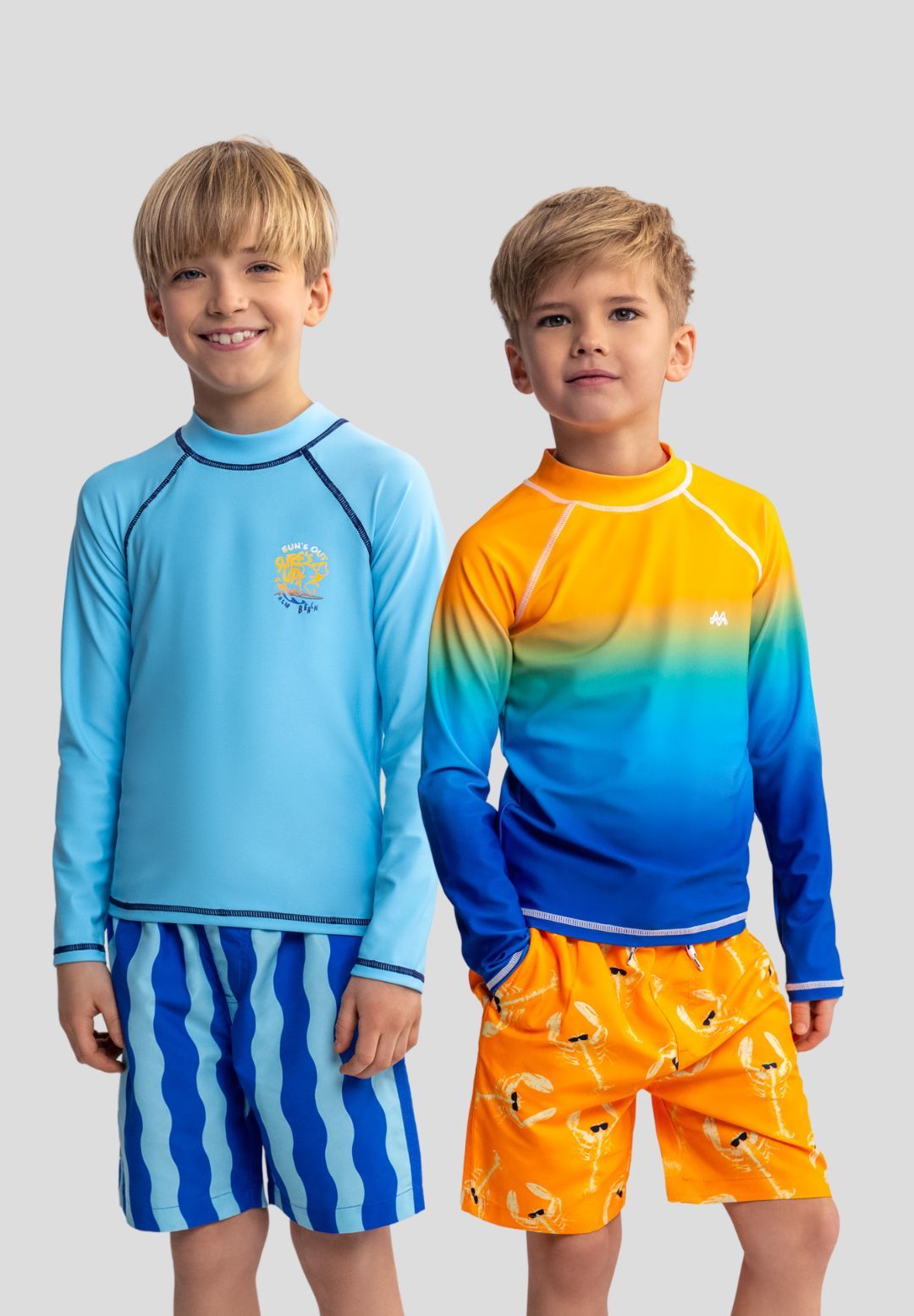 Turquoise, orange and blue rash vests, two models front.