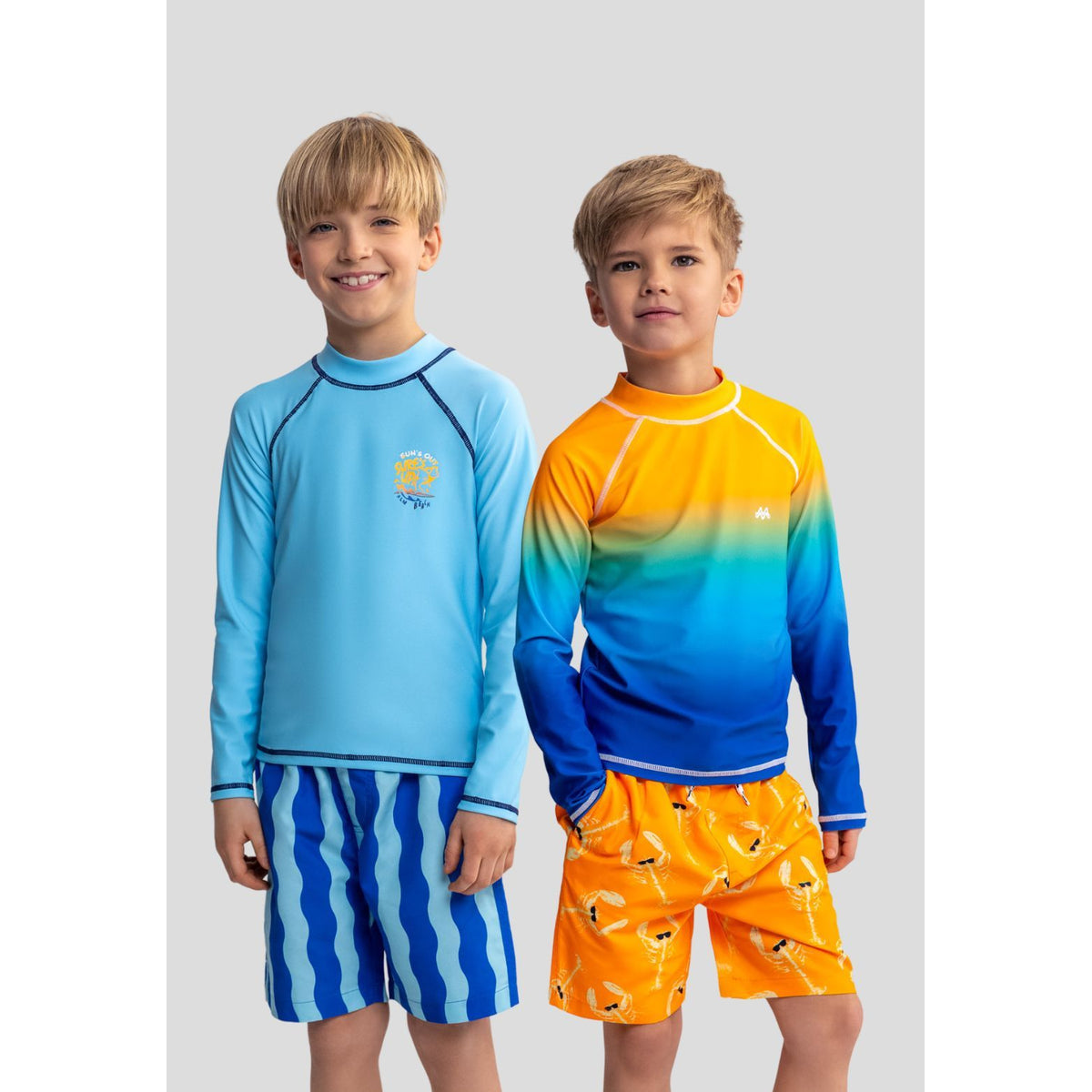 Boys' rash vests 2-pack in turquoise, orange and blue — complete product view for square Shop card