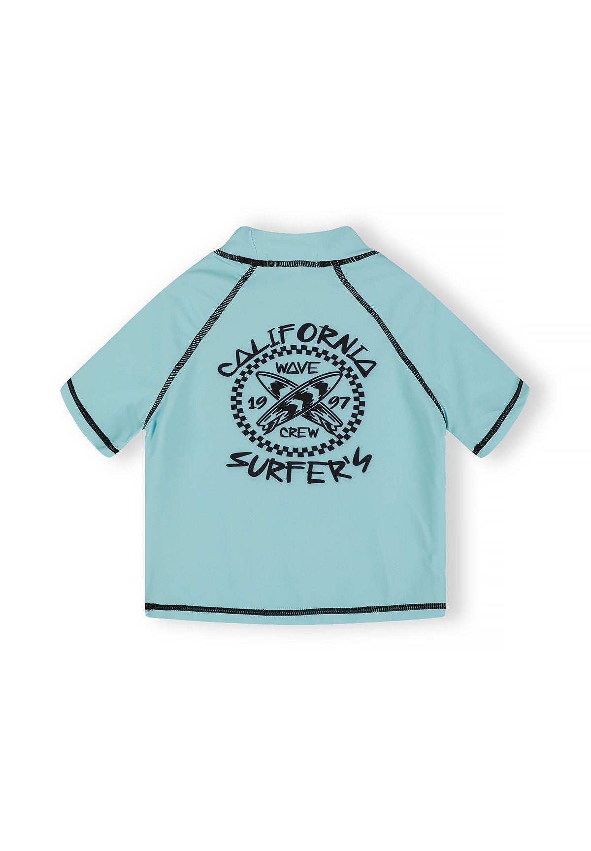 Boys turquoise rash vest with black graphic, back view.