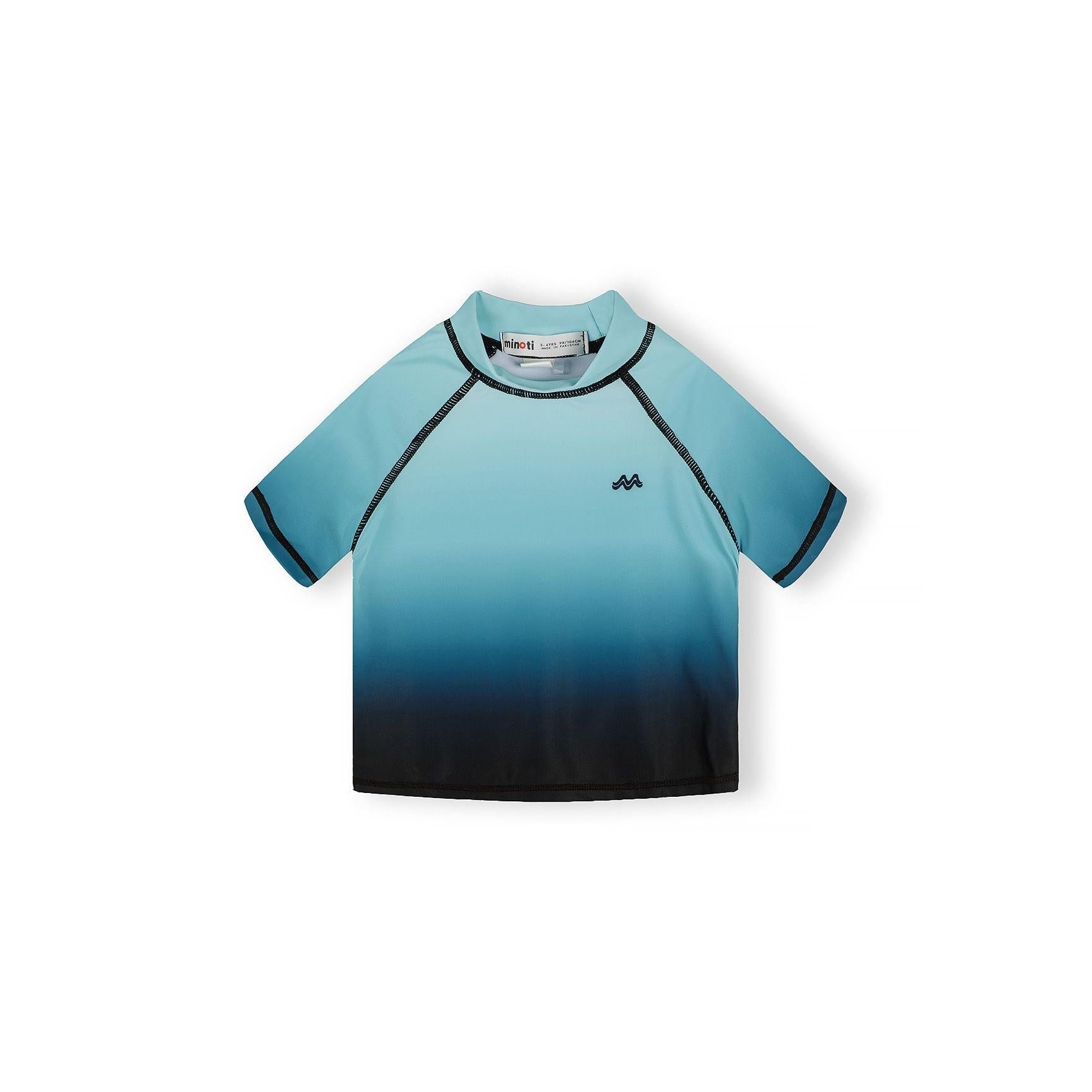 Close-up of light blue swim t-shirt showing Minoti brand tag and UPF 50+ protection label with mountain logo detail