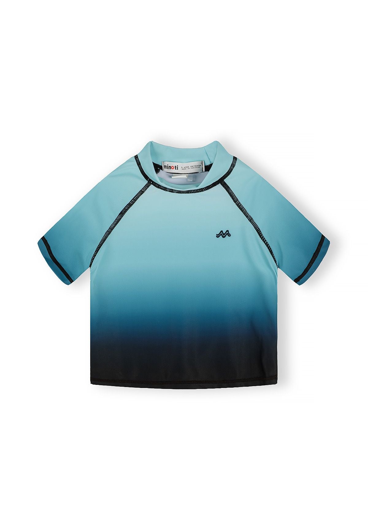 Boys turquoise and black ombre rash vest, short sleeves, collarless neckline.
