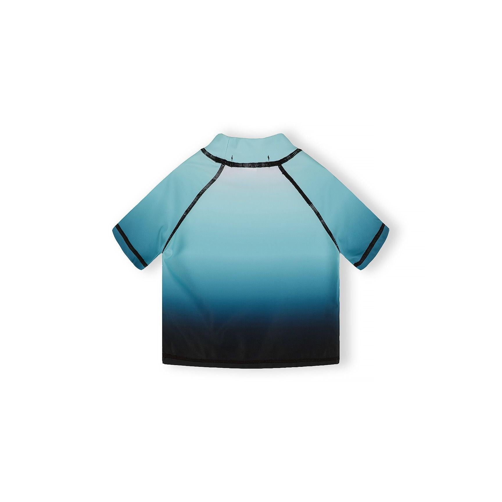 Back view of blue gradient swim t-shirt showing ombre fade from light blue to dark blue with contrast stitching details on white background