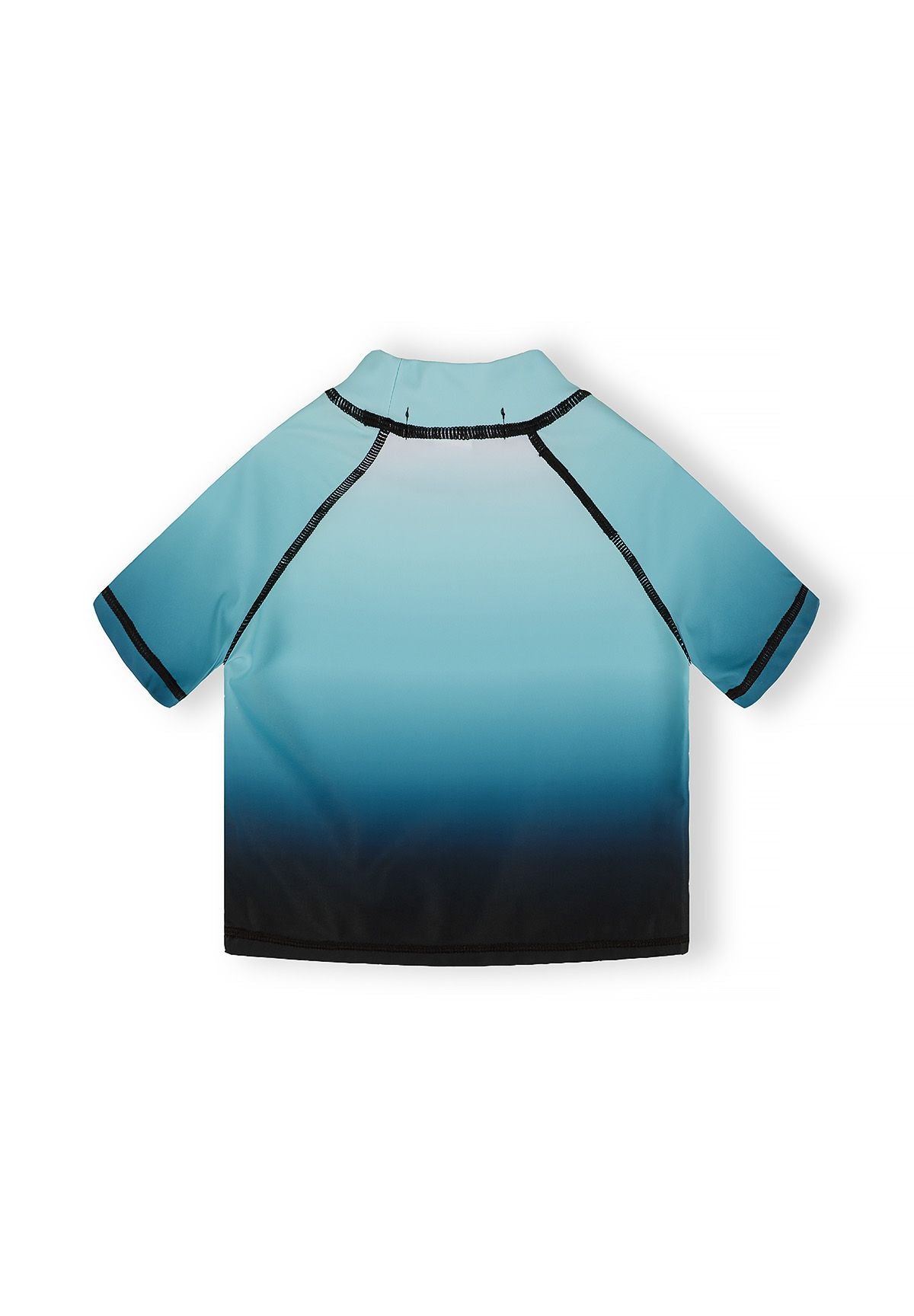 Boys turquoise and black ombre rash vest, back view, short sleeves, collarless.