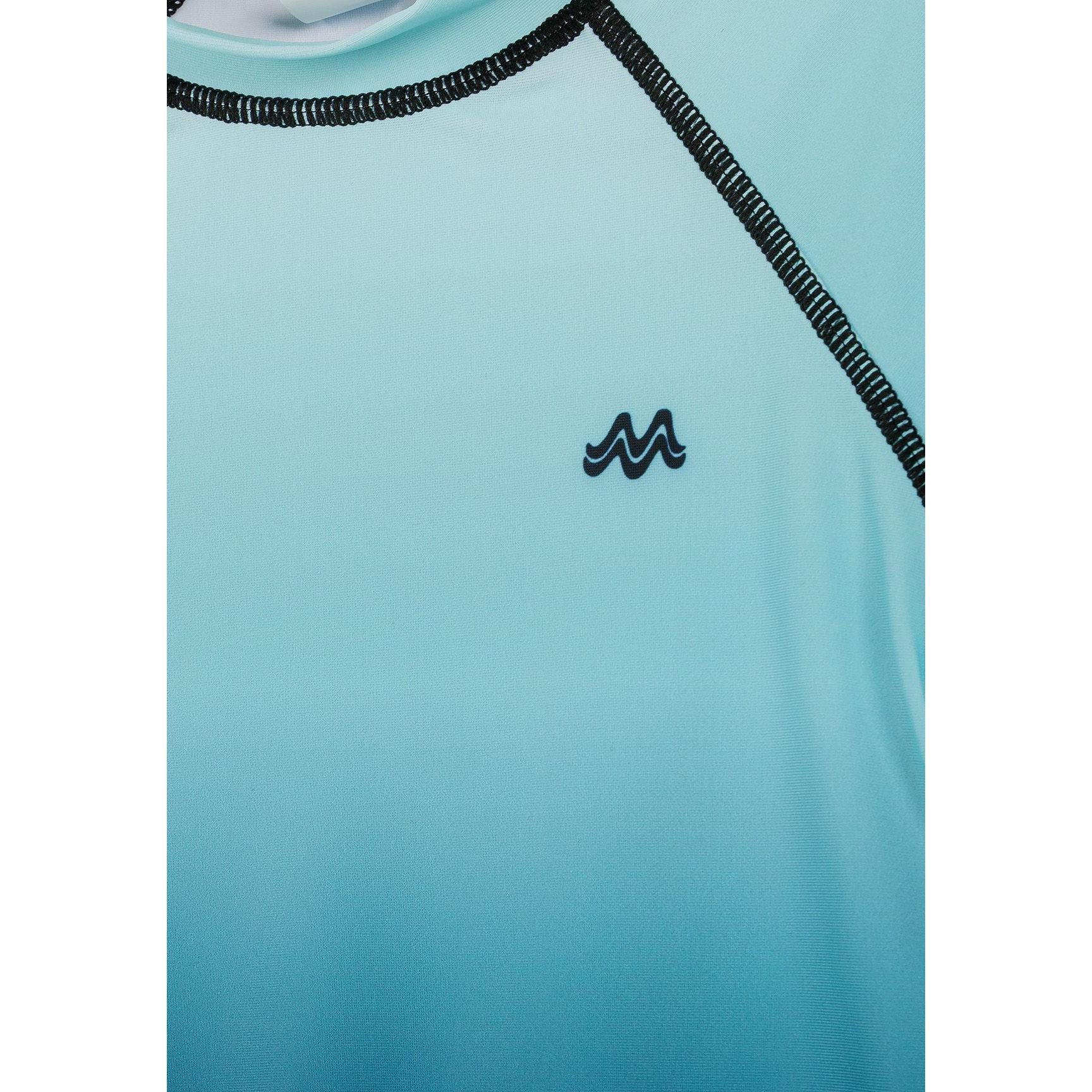 Close-up of light blue swim t-shirt showing Minoti brand tag and UPF 50+ protection label with mountain logo detail