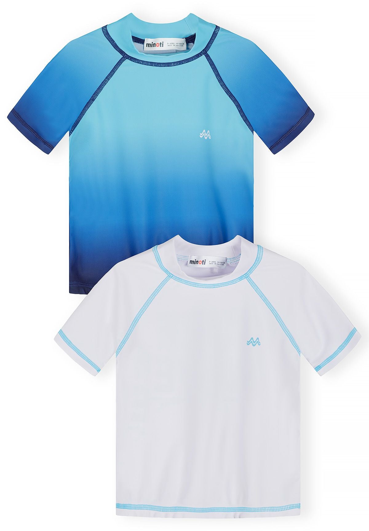 White and blue rash vests, two-pack front.