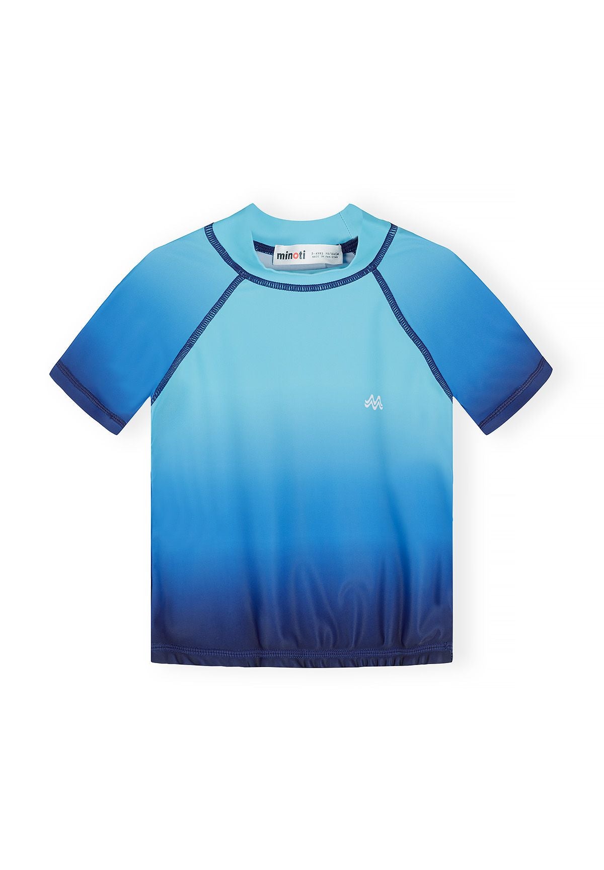 Boys fitted rash top in ombre blue, front view, features short sleeves and elastic crew neck.