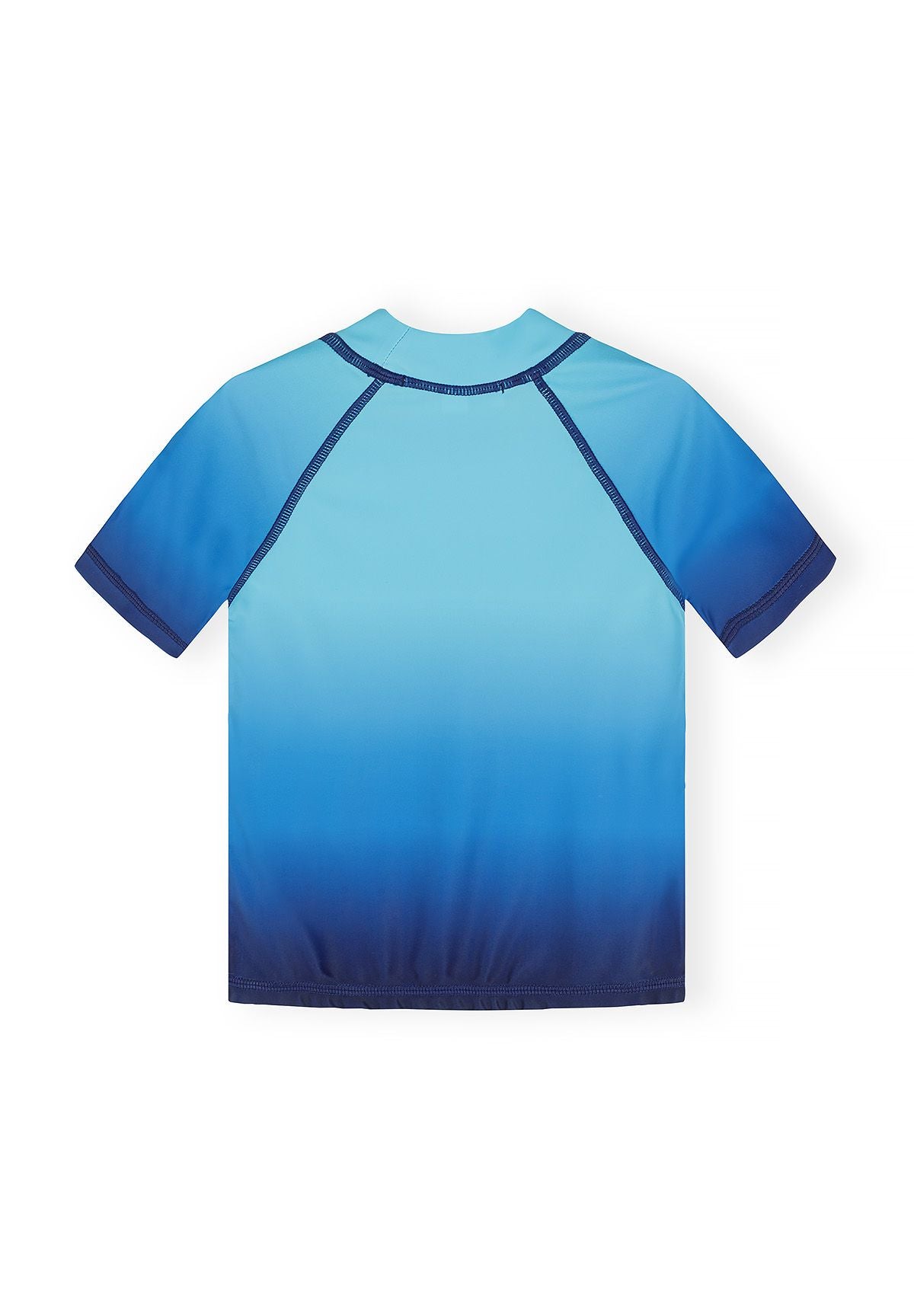 Boys fitted rash top in ombre blue, back view, featuring short sleeves and elastic crew neck.