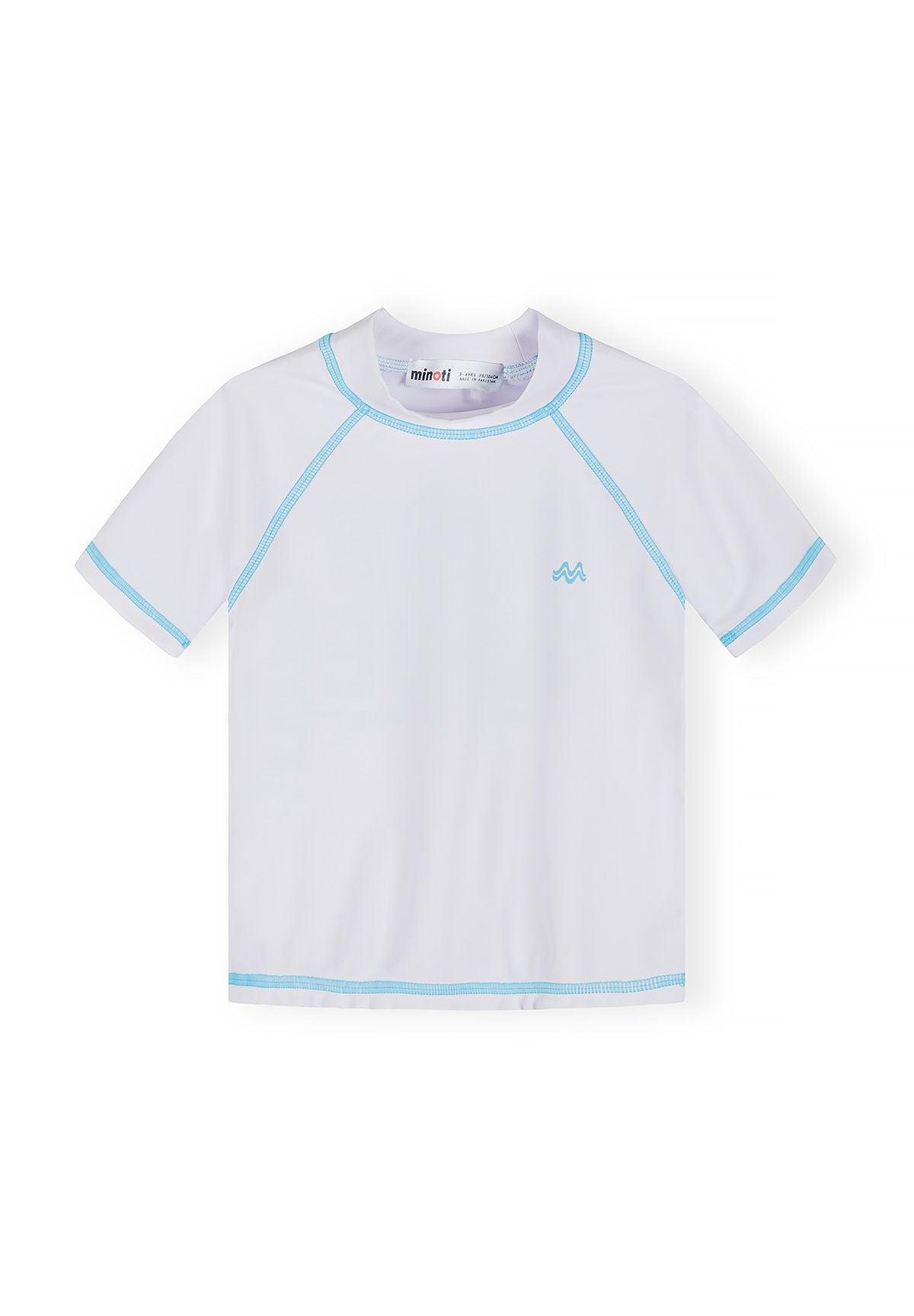 Boys fitted rash top in white with blue trim, front view, short sleeves and crew neck.