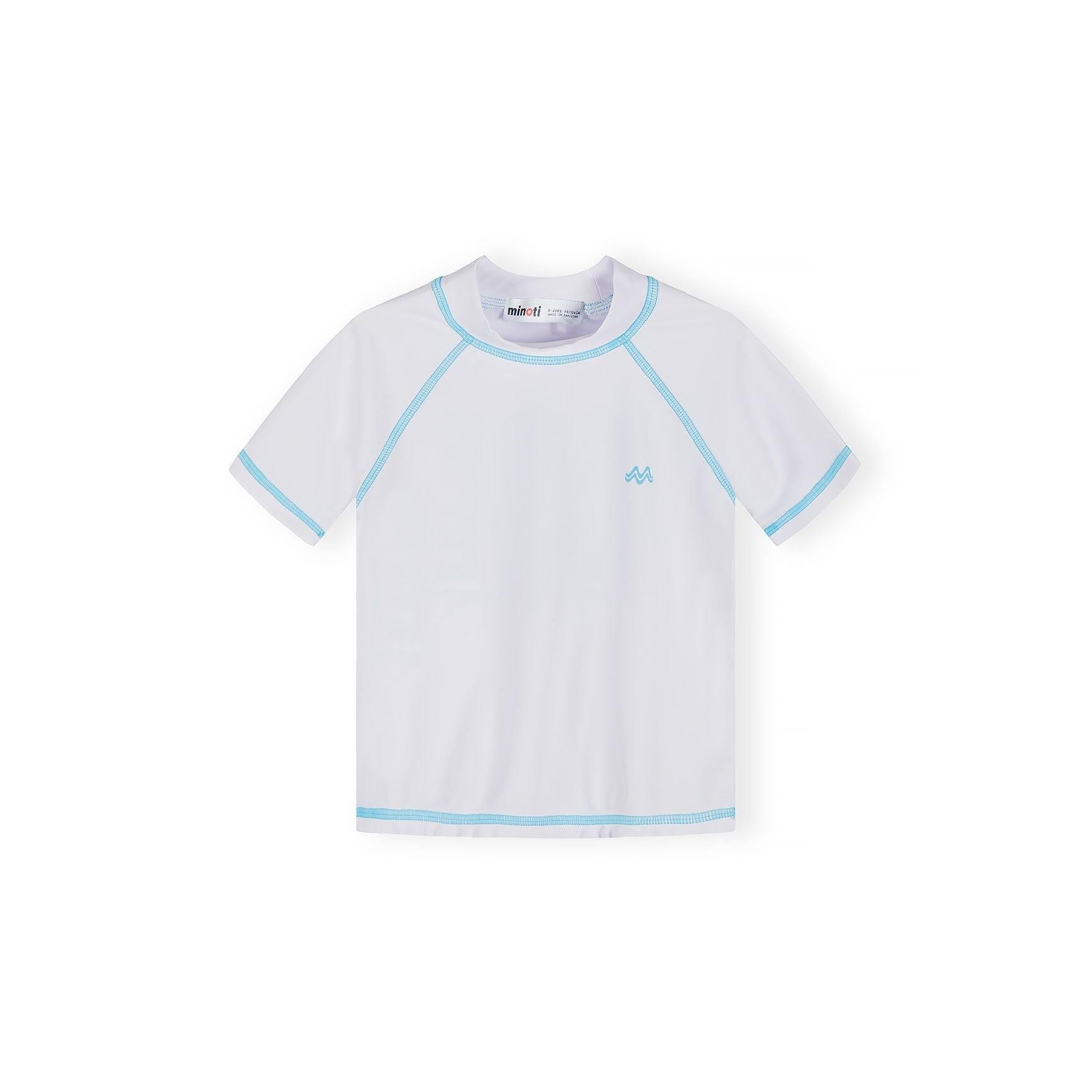 White rash top with blue contrast stitching, raglan sleeve construction and small Minoti logo on chest, displayed flat on white background