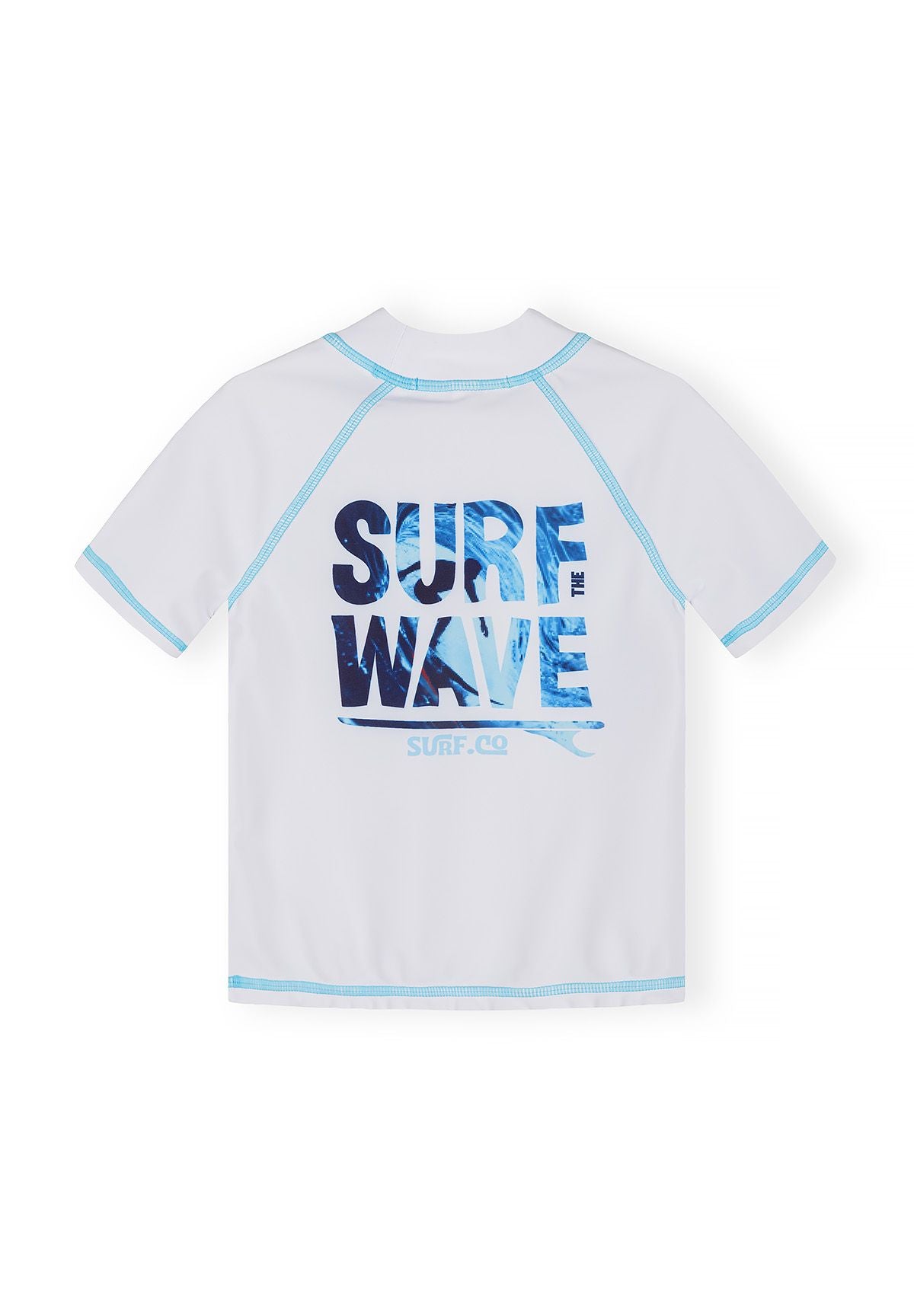 Boys fitted rash top in white with blue graphic, back view, short sleeves.