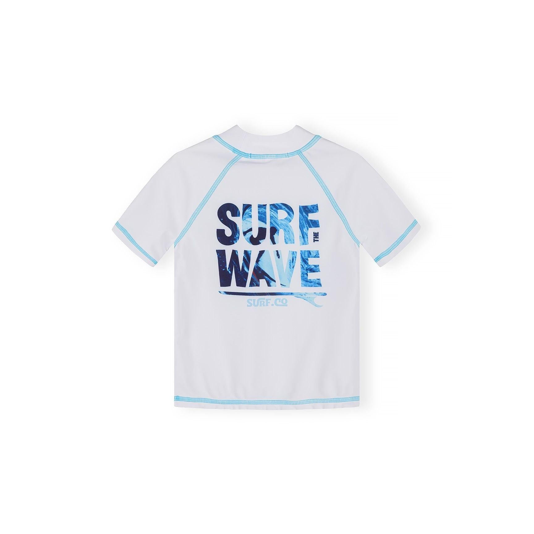 Close-up detail of white rash top showing blue contrast stitching around neckline and raglan seams, with small blue Minoti logo positioned on left chest